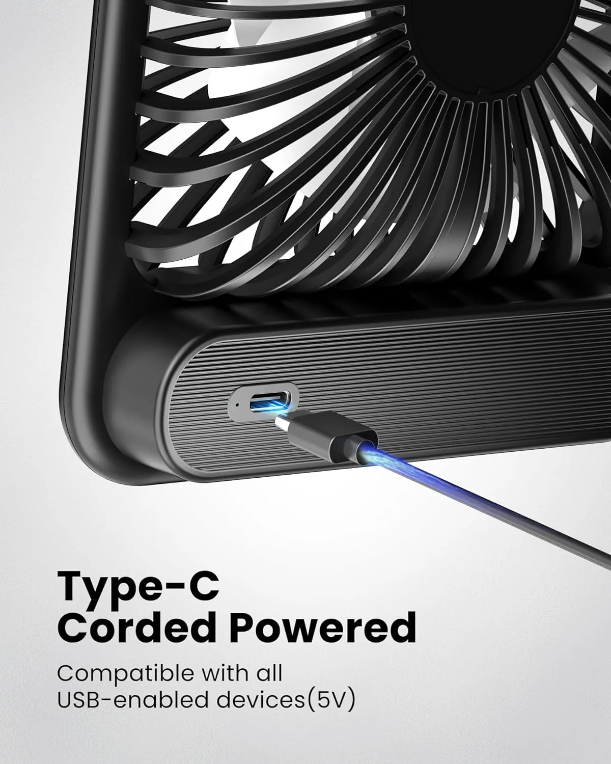 Koonie USB Desk Fan, Strong Wind Ultra Quiet Small Personal Fan with 180 Tilt Folding and 3 Speeds Adjustable, USB-C Corded Powered Mini USB Fan for Office Desktop Bedroom, NO BATTERY