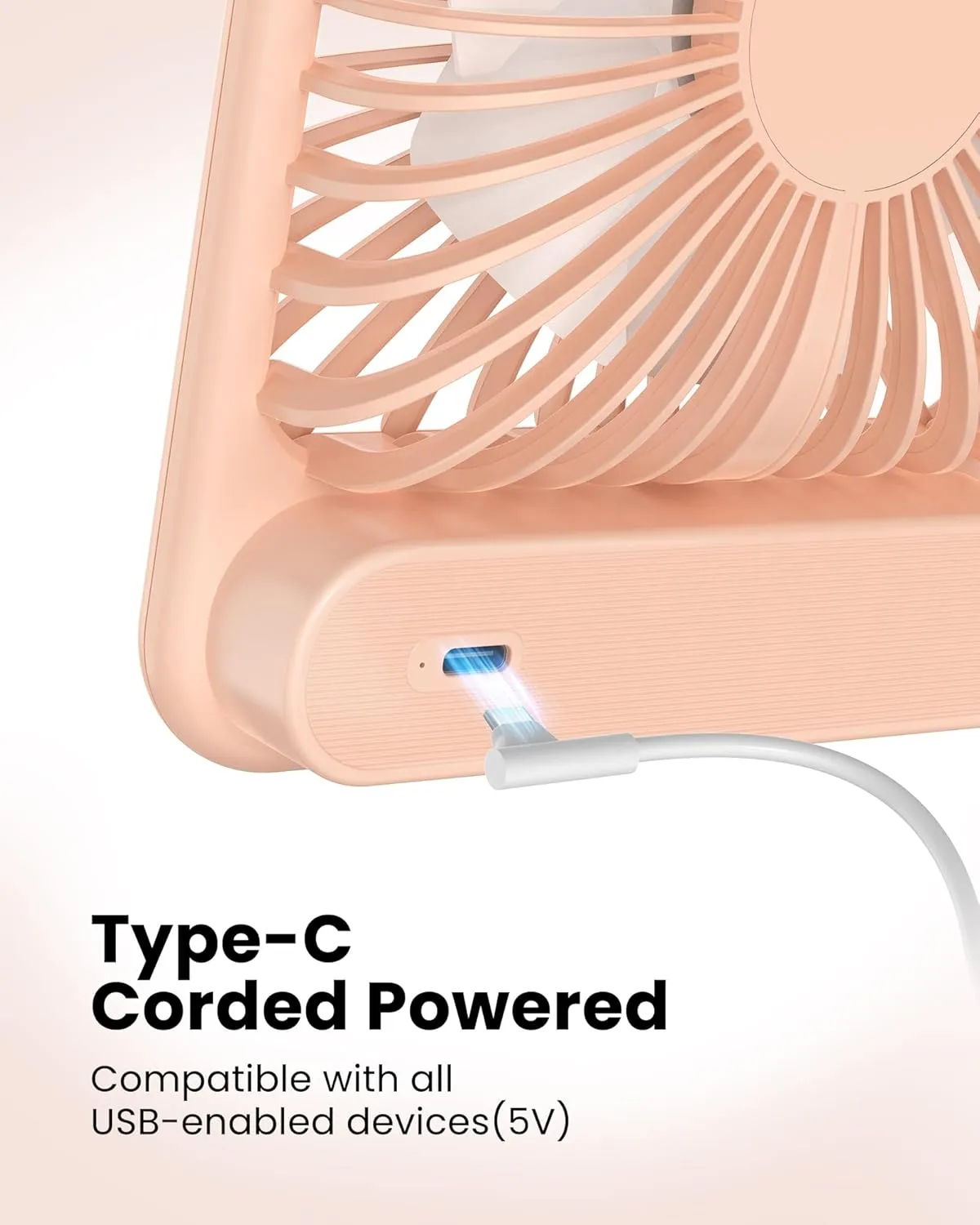 Koonie USB Desk Fan, Strong Wind Ultra Quiet Small Personal Fan with 180 Tilt Folding and 3 Speeds Adjustable, USB-C Corded Powered Mini USB Fan for Office Desktop Bedroom Pink, NO BATTERY