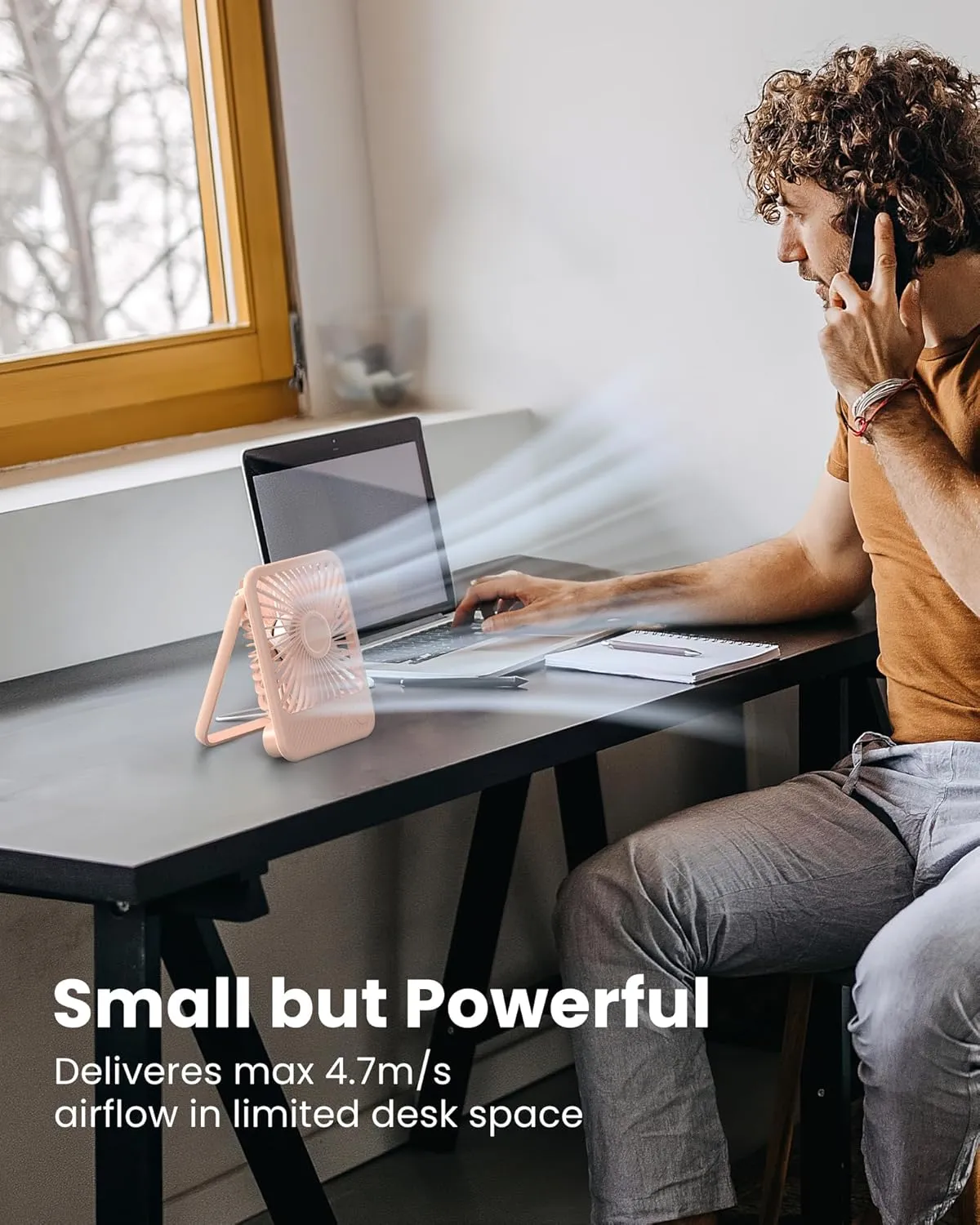 Koonie USB Desk Fan, Strong Wind Ultra Quiet Small Personal Fan with 180 Tilt Folding and 3 Speeds Adjustable, USB-C Corded Powered Mini USB Fan for Office Desktop Bedroom Pink, NO BATTERY