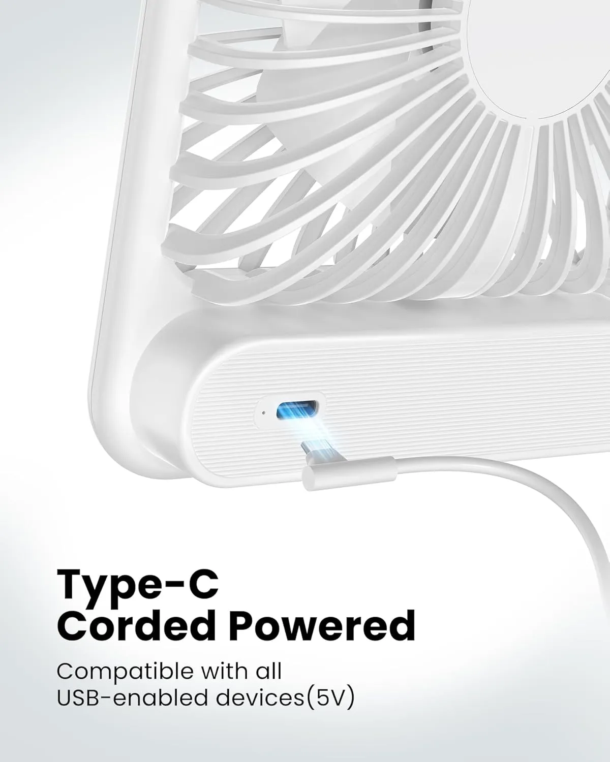 Koonie USB Desk Fan, Strong Wind Ultra Quiet Small Personal Fan with 180 Tilt Folding and 3 Speeds Adjustable, USB-C Corded Powered Mini USB Fan for Office Desktop Bedroom White, NO BATTERY