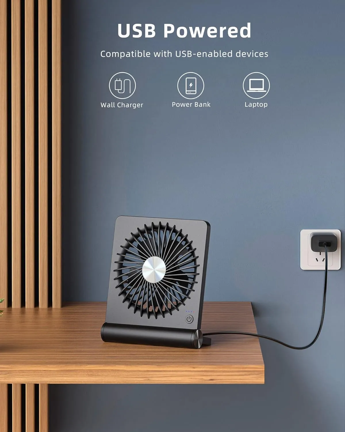 Koonie USB Fan, Strong Wind Ultra Quiet Small Desk Fan 220 Tilt Folding 3 Speeds Adjustable USB-C Corded Powered Personal Fan for Home Office Desktop Black