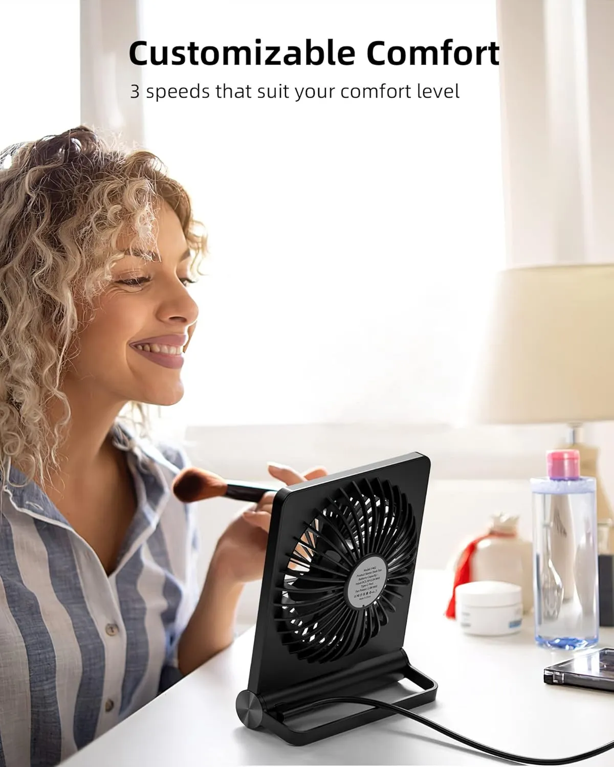 Koonie USB Fan, Strong Wind Ultra Quiet Small Desk Fan 220 Tilt Folding 3 Speeds Adjustable USB-C Corded Powered Personal Fan for Home Office Desktop Black
