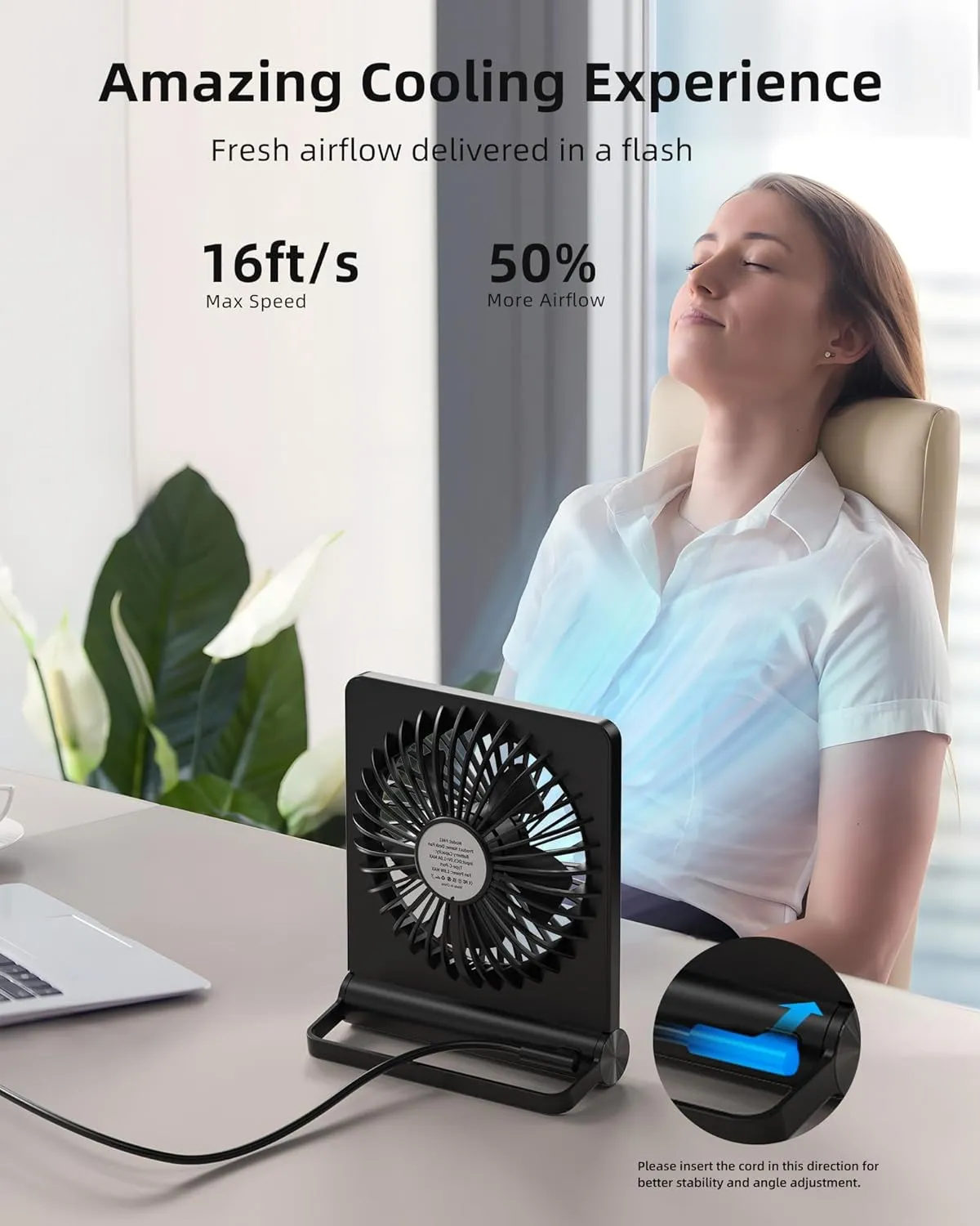 Koonie USB Fan, Strong Wind Ultra Quiet Small Desk Fan 220 Tilt Folding 3 Speeds Adjustable USB-C Corded Powered Personal Fan for Home Office Desktop Black