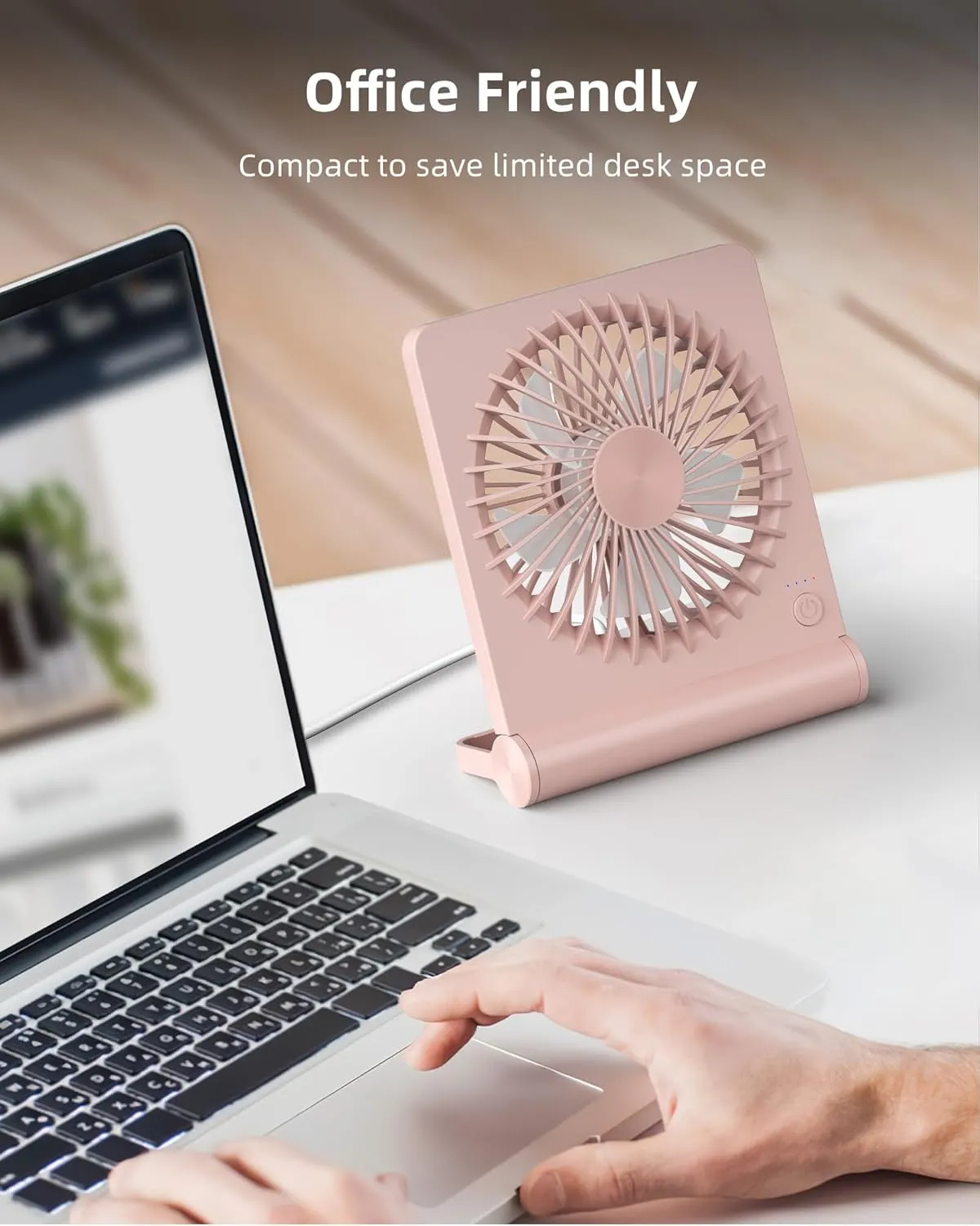 Koonie USB Fan, Strong Wind Ultra Quiet Small Desk Fan 220 Tilt Folding 3 Speeds Adjustable USB-C Powered Personal Fan for Home Office Desktop, Pink, NO BATTERY