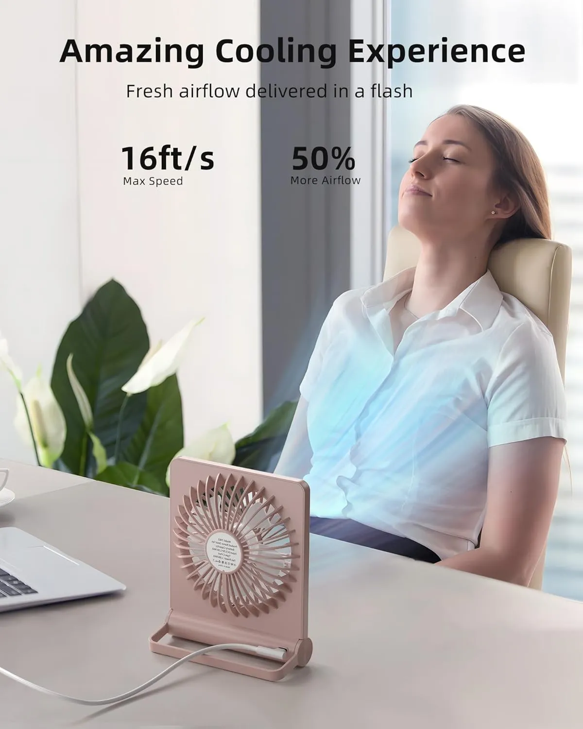Koonie USB Fan, Strong Wind Ultra Quiet Small Desk Fan 220 Tilt Folding 3 Speeds Adjustable USB-C Powered Personal Fan for Home Office Desktop, Pink, NO BATTERY