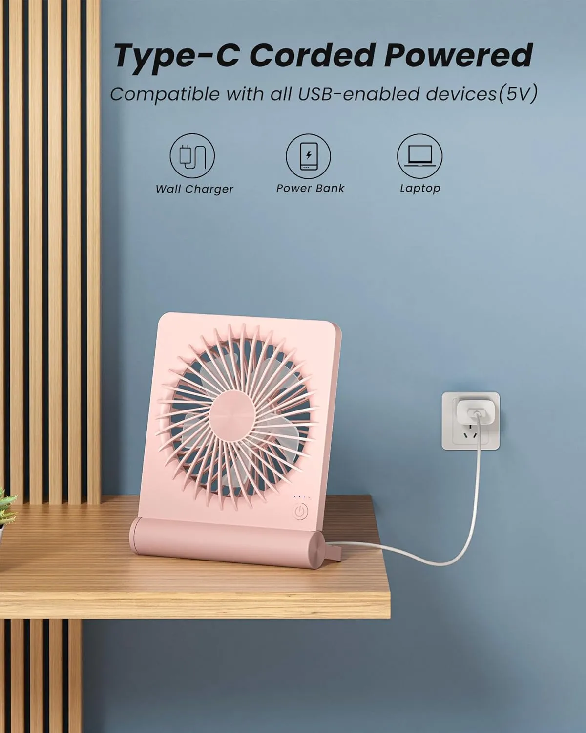 Koonie USB Fan, Strong Wind Ultra Quiet Small Desk Fan 220 Tilt Folding 3 Speeds Adjustable USB-C Powered Personal Fan for Home Office Desktop, Pink, NO BATTERY
