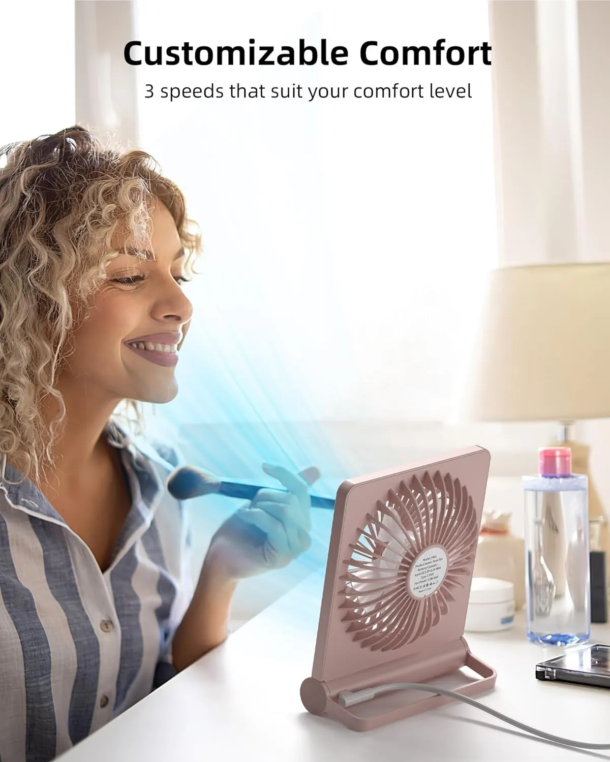 Koonie USB Fan, Strong Wind Ultra Quiet Small Desk Fan 220 Tilt Folding 3 Speeds Adjustable USB-C Powered Personal Fan for Home Office Desktop, Pink, NO BATTERY