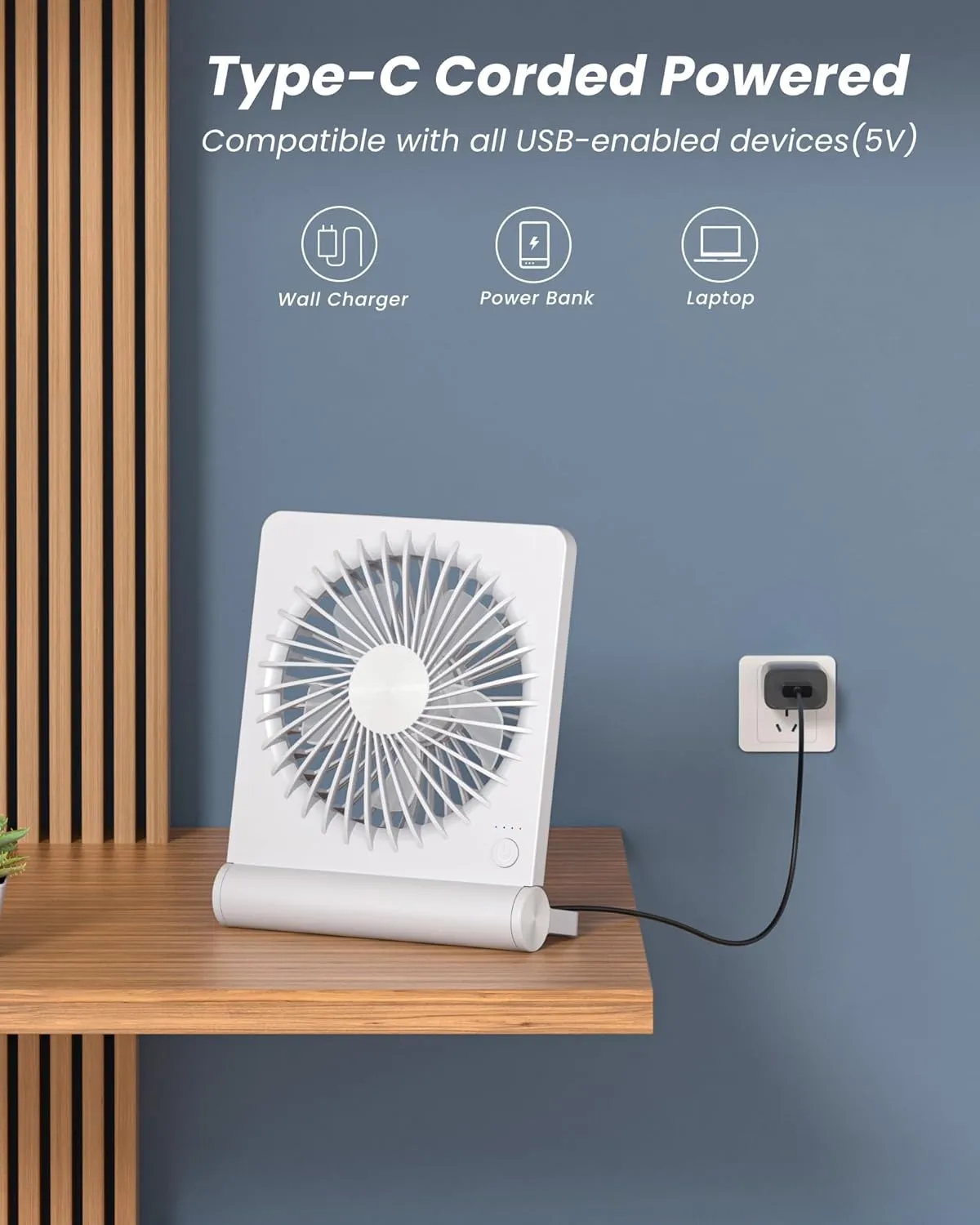Koonie USB Fan, Strong Wind Ultra Quiet Small Desk Fan 220 Tilt Folding 3 Speeds Adjustable USB-C Powered Personal Fan for Home Office Desktop, White, NO BATTERY