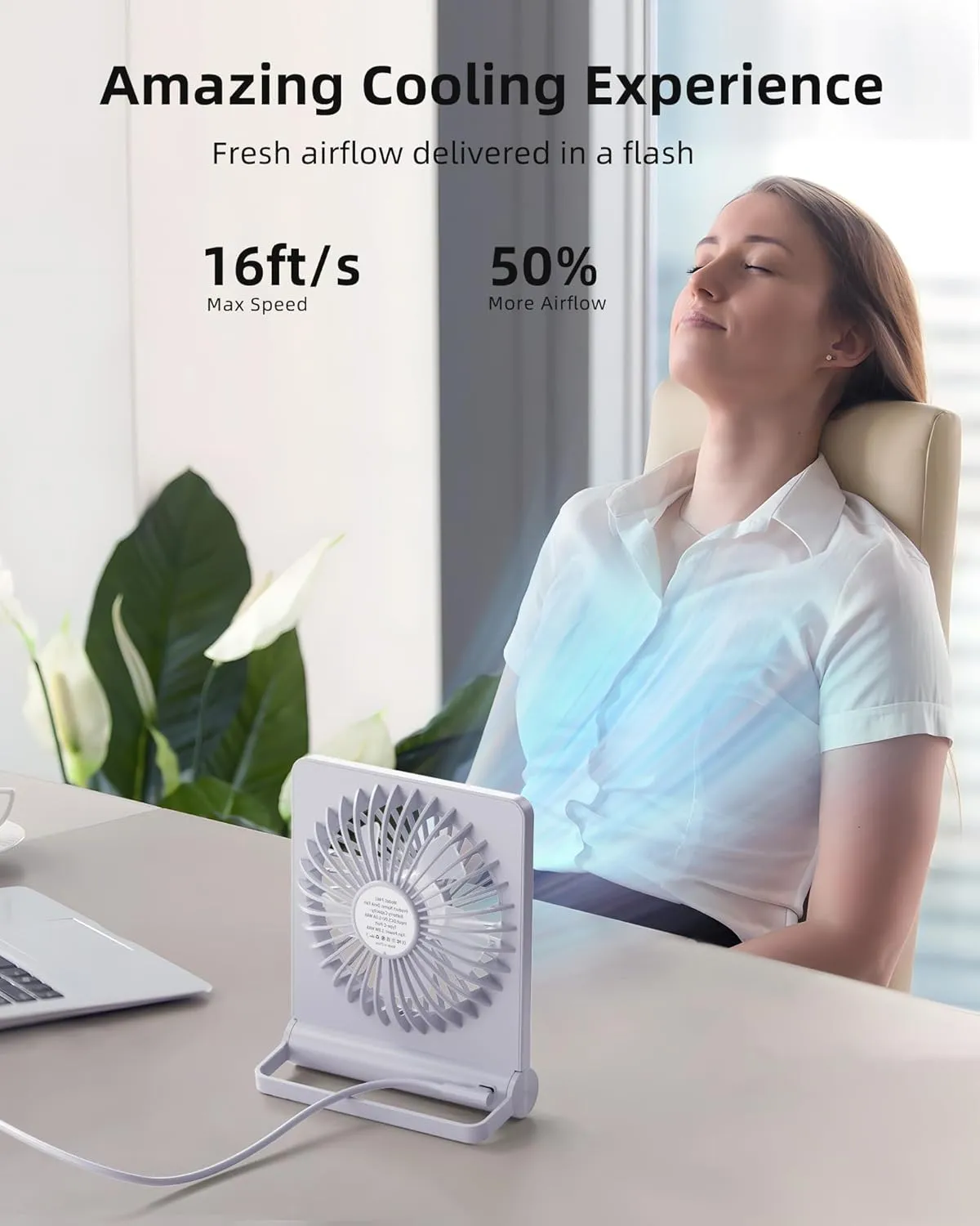 Koonie USB Fan, Strong Wind Ultra Quiet Small Desk Fan 220 Tilt Folding 3 Speeds Adjustable USB-C Powered Personal Fan for Home Office Desktop, White, NO BATTERY