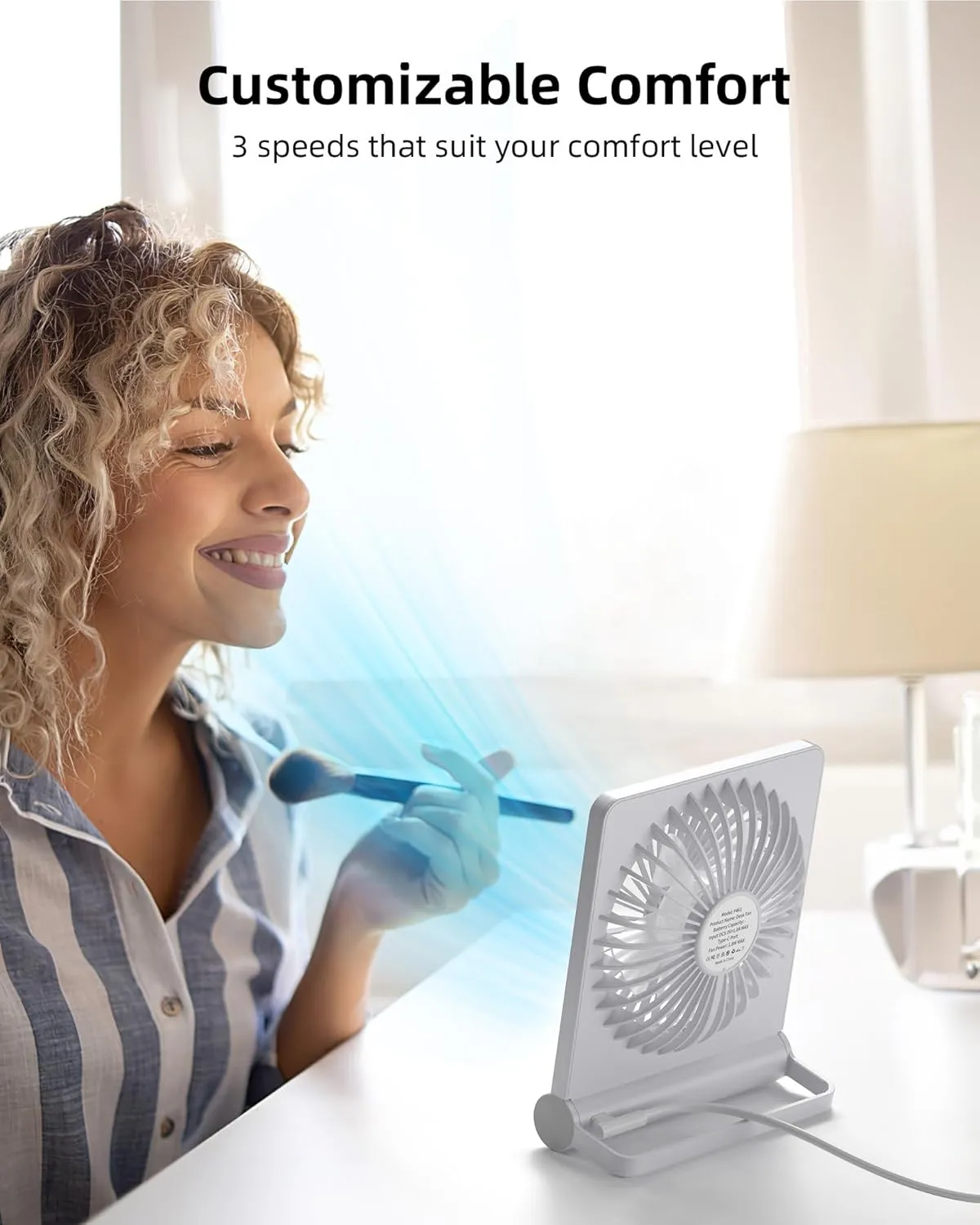 Koonie USB Fan, Strong Wind Ultra Quiet Small Desk Fan 220 Tilt Folding 3 Speeds Adjustable USB-C Powered Personal Fan for Home Office Desktop, White, NO BATTERY