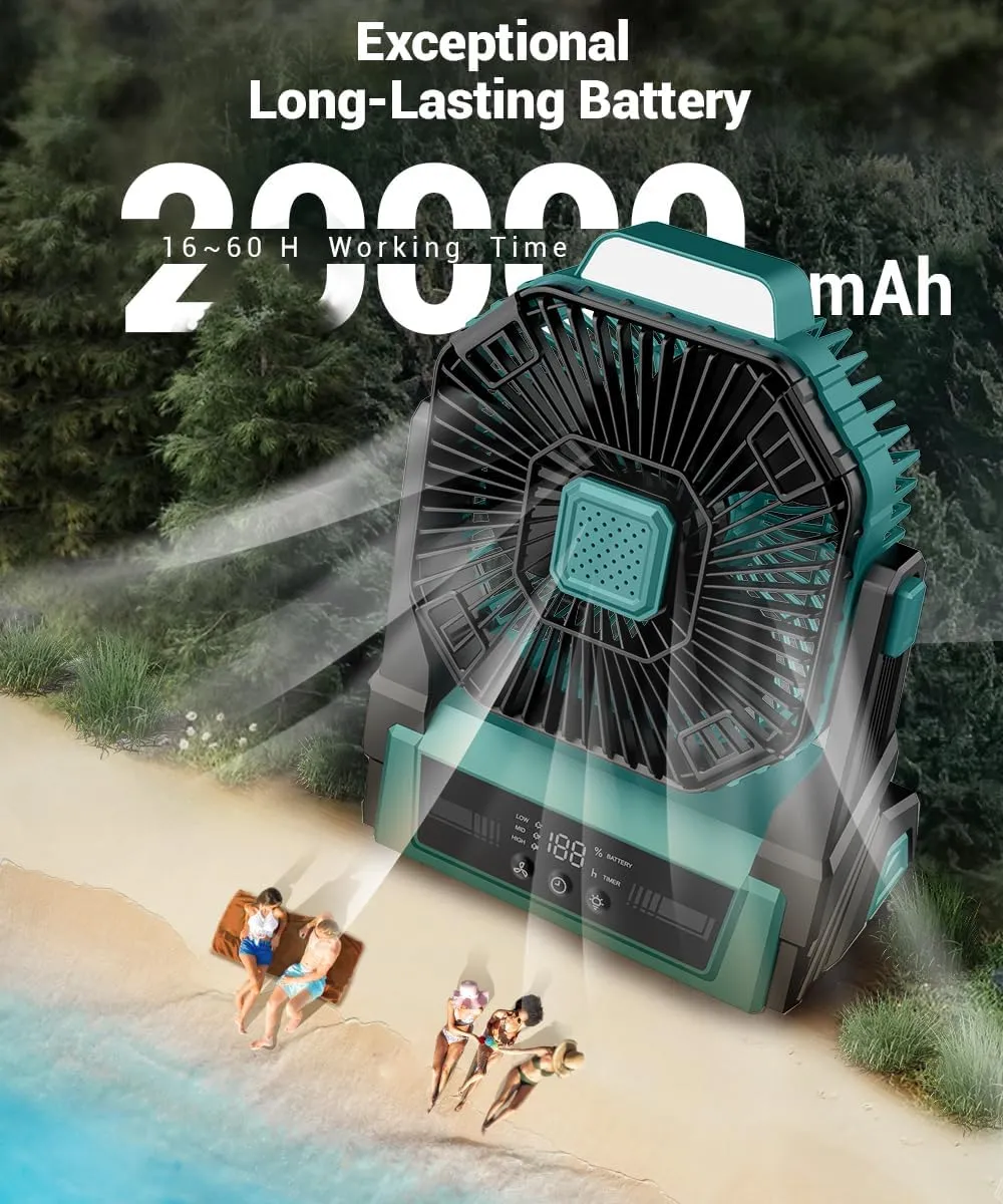KopBeau Portable Camping Fan with Lights, 20000mAh Rechargeable Battery Operated Fan, Battery Powered Outdoor Beach Tent with 3 Speeds & Hook, Personal USB Table for Camping Accessories Blue