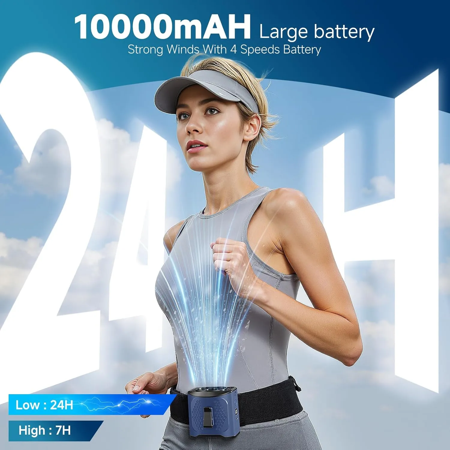 LAMBRI Portable Waist Fan Clip on Shirt Fans 10000mAh-24H Cool Clip Wearable Belt Personal Fans Rechargeable, 4 Speeds Neck Fan Hands-Free, Waist ClipFan for Jobsite Outdoor Farm, Blue