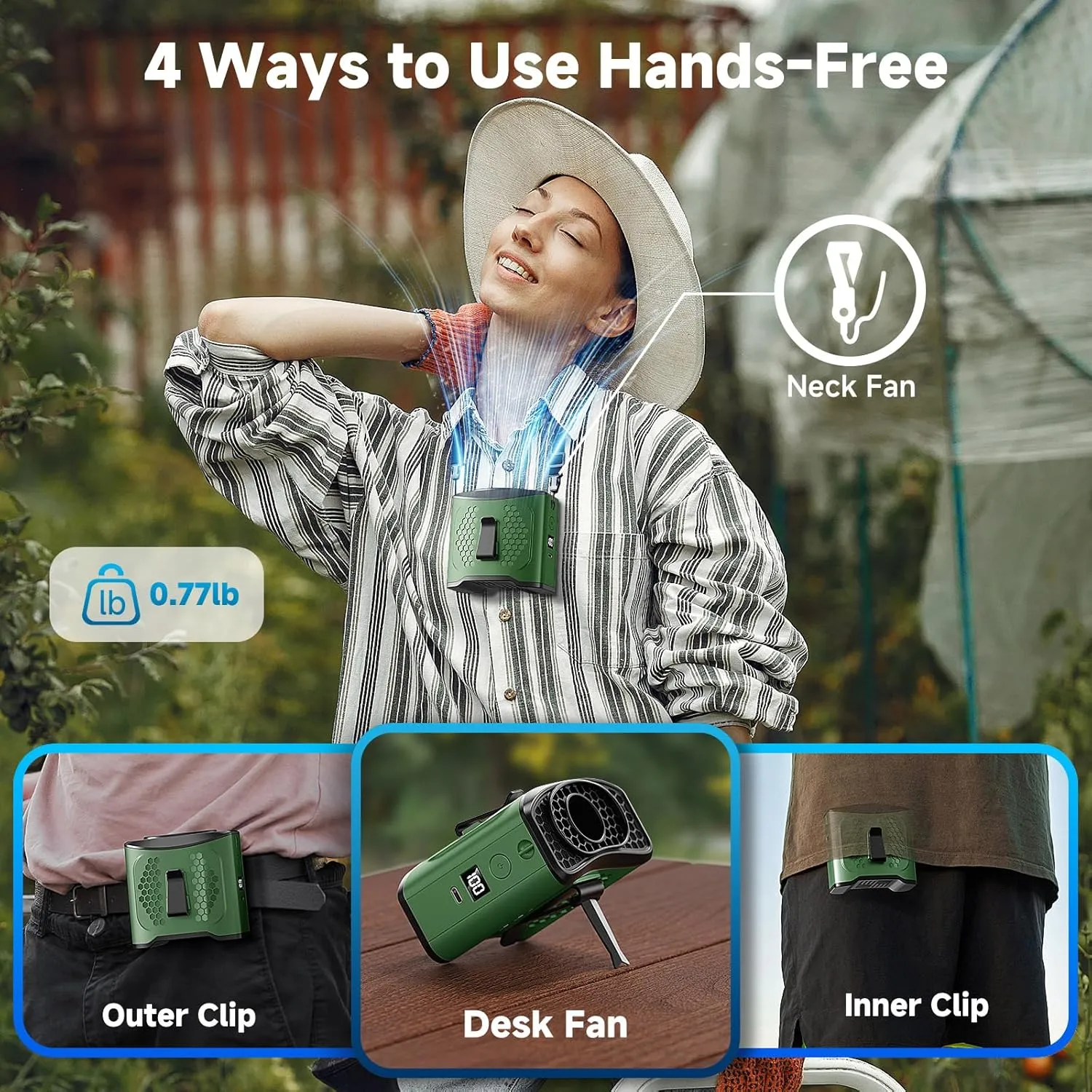 LAMBRI Portable Waist Fan Clip on Shirt Fans 10000mAh-24H Cool Clip Wearable Belt Personal Fans Rechargeable, 4 Speeds Neck Fan Hands-Free, Waist ClipFan for Jobsite Outdoor Farm, Green