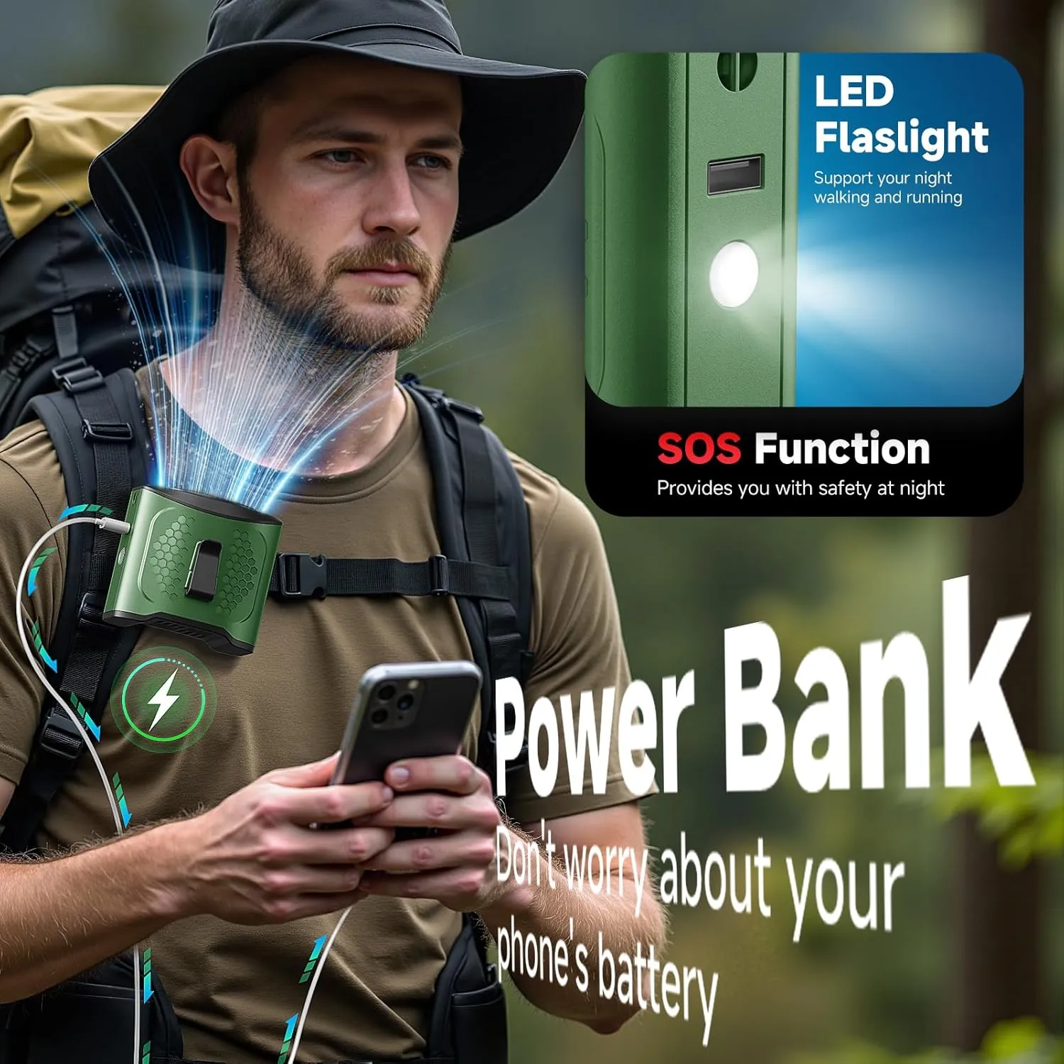 LAMBRI Portable Waist Fan Clip on Shirt Fans 10000mAh-24H Cool Clip Wearable Belt Personal Fans Rechargeable, 4 Speeds Neck Fan Hands-Free, Waist ClipFan for Jobsite Outdoor Farm, Green