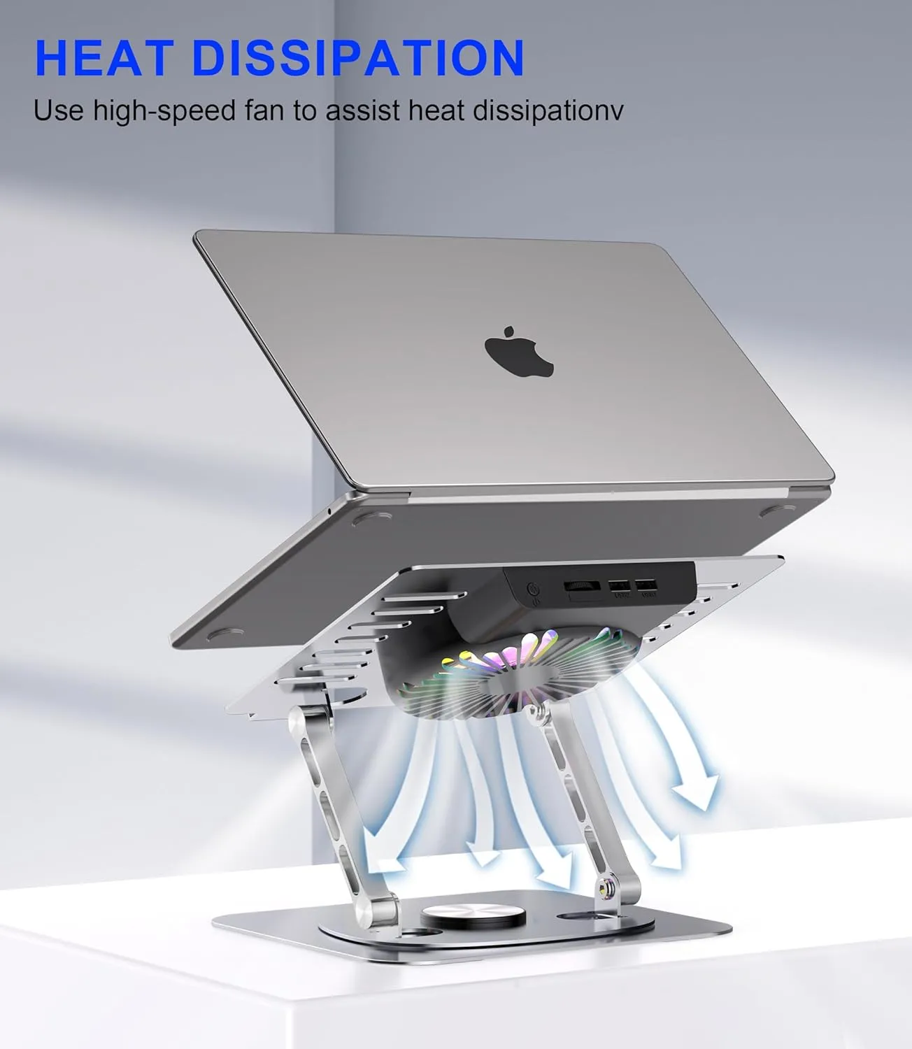 Laptop Stand,with 360Rotating Base,External Cooling Fan,Adjustable RGB Lighting,Ergonomic Foldable Notebook Computer Holder.Compatible with All 10-17" Laptops Tablets,Silver