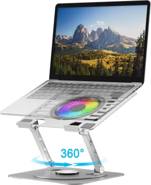 Laptop Stand,with 360Rotating Base,External Cooling Fan,Adjustable RGB Lighting,Ergonomic Foldable Notebook Computer Holder.Compatible with All 10-17" Laptops Tablets,Silver 360-degree rotating fan for home use