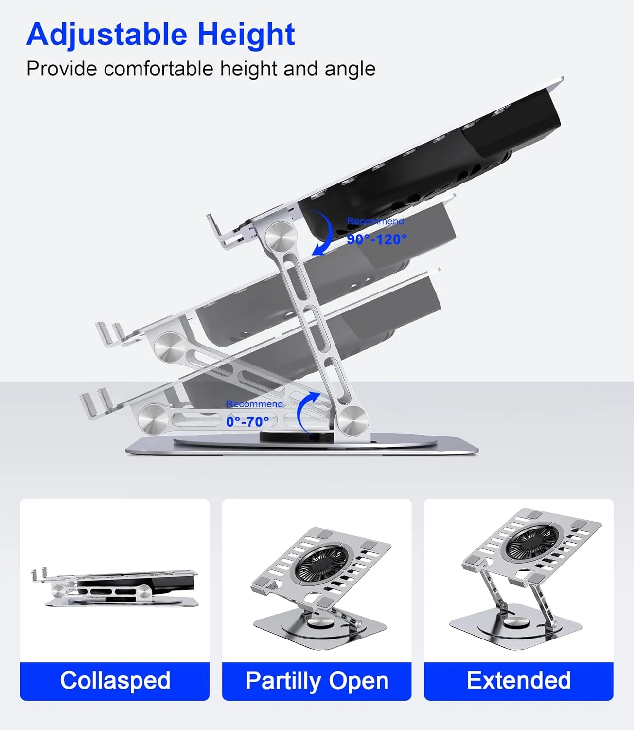 Laptop Stand,with 360Rotating Base,External Cooling Fan,Adjustable RGB Lighting,Ergonomic Foldable Notebook Computer Holder.Compatible with All 10-17" Laptops Tablets,Silver