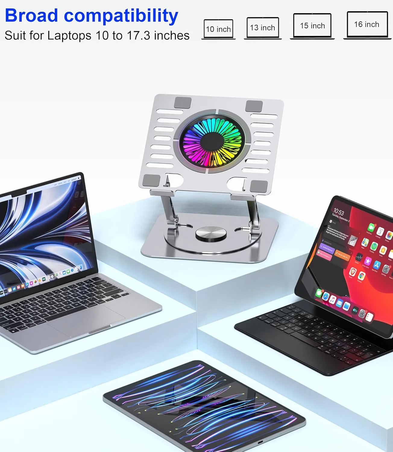 Laptop Stand,with 360Rotating Base,External Cooling Fan,Adjustable RGB Lighting,Ergonomic Foldable Notebook Computer Holder.Compatible with All 10-17" Laptops Tablets,Silver