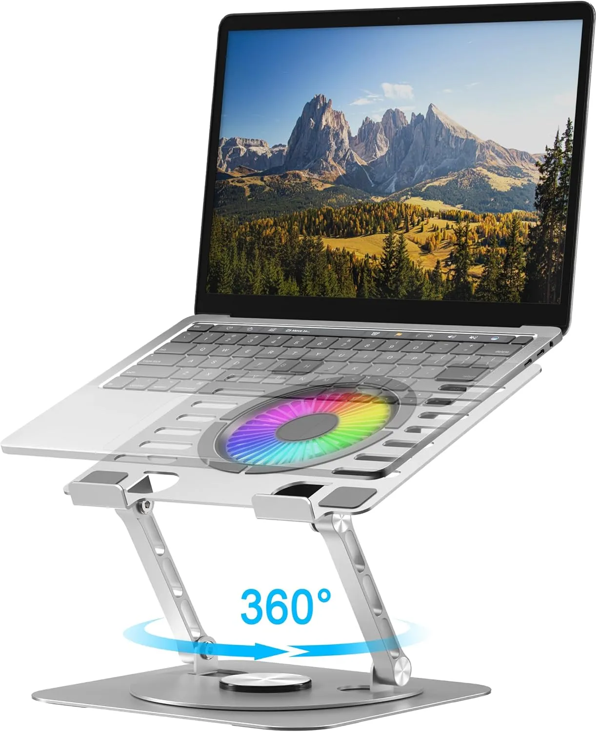 Laptop Stand,with 360Rotating Base,External Cooling Fan,Adjustable RGB Lighting,Ergonomic Foldable Notebook Computer Holder.Compatible with All 10-17" Laptops Tablets,Silver 360-degree rotating fan for home use