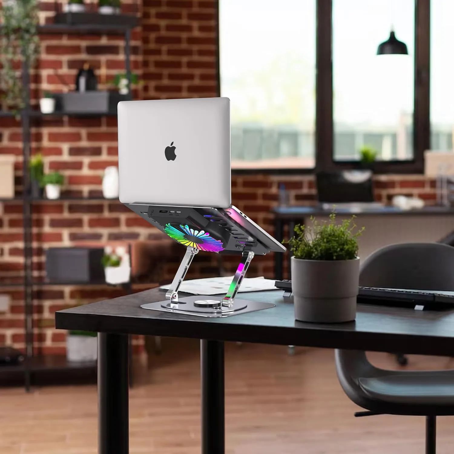 Laptop Stand,with 360Rotating Base,External Cooling Fan,Adjustable RGB Lighting,Ergonomic Foldable Notebook Computer Holder.Compatible with All 10-17" Laptops Tablets,Silver
