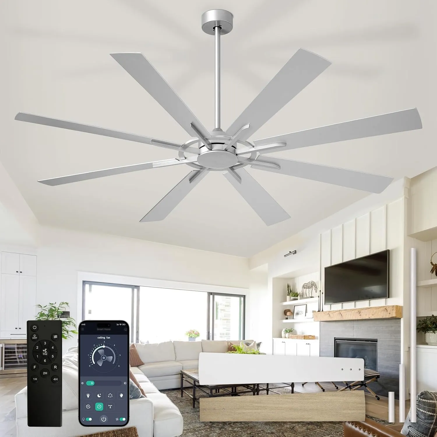 Large Ceiling Fan No Light: Modern 72 Inch 8 Blade Outdoor Ceiling Fans with Remote APP Control - Brushed Nickel Big Fan Without Light Indoor Reversible 6 Speed Quiet DC Motor App-controlled remote fan for convenience