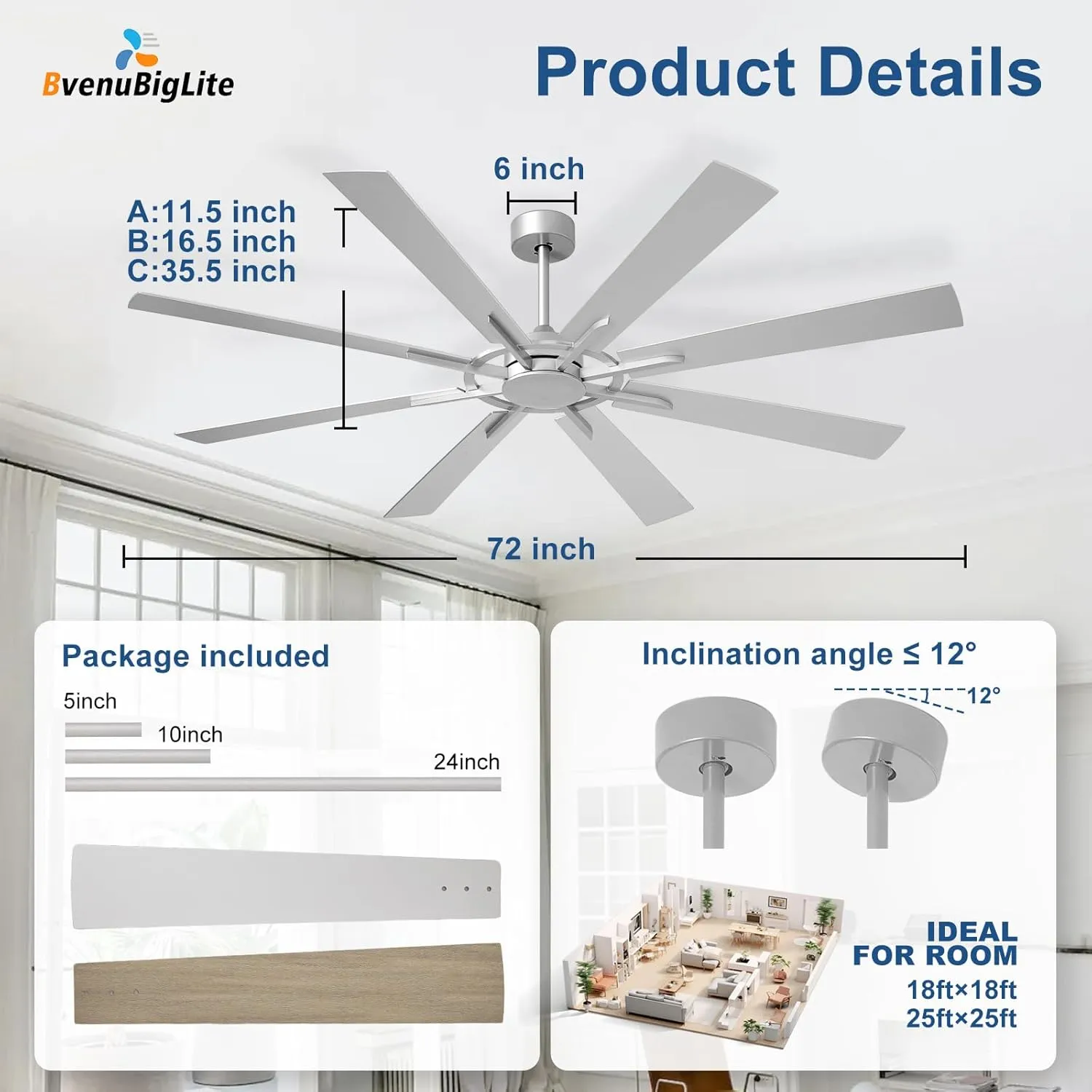 Large Ceiling Fan No Light: Modern 72 Inch 8 Blade Outdoor Ceiling Fans with Remote APP Control - Brushed Nickel Big Fan Without Light Indoor Reversible 6 Speed Quiet DC Motor