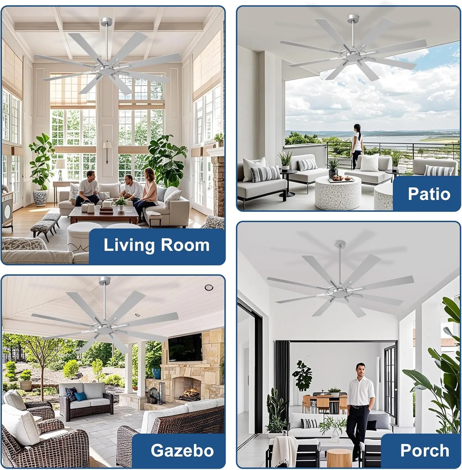 Large Ceiling Fan No Light: Modern 72 Inch 8 Blade Outdoor Ceiling Fans with Remote APP Control - Brushed Nickel Big Fan Without Light Indoor Reversible 6 Speed Quiet DC Motor