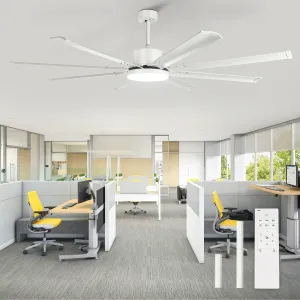 Large Ceiling Fan with Light, 80" White Ceiling Fan with Remote, Aluminum 8 Blades Reversible DC Motor 6 Speed, Industrial Ceiling Fan for Commercial Shop Garage Office Covered Patio App-controlled remote fan for convenience
