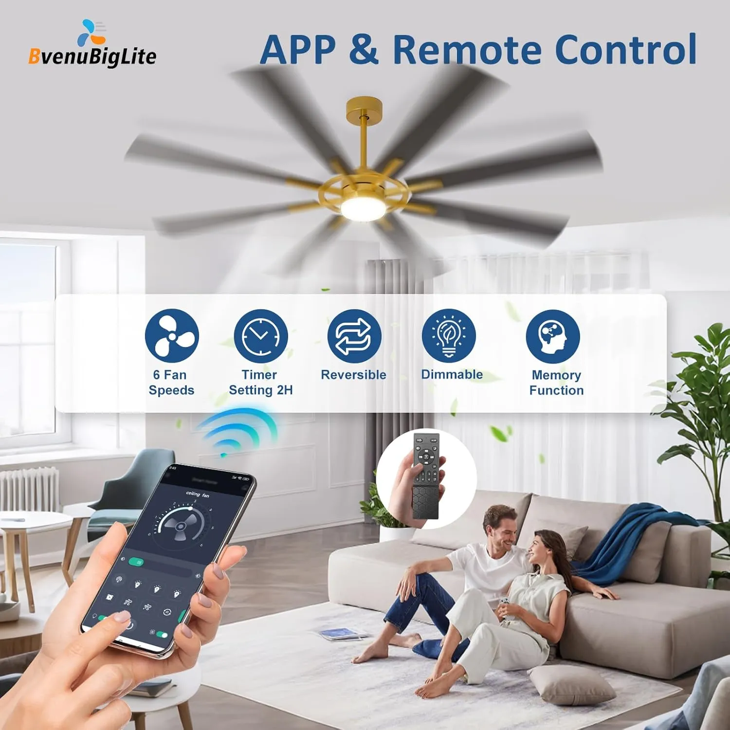 Large Ceiling Fans with Lights: Modern 72 Inch 8 Blade Outdoor Ceiling Fan with Remote APP Control - Dimmable Black Gold Big Fan Light Indoor Reversible 6 Speed Quiet DC Motor