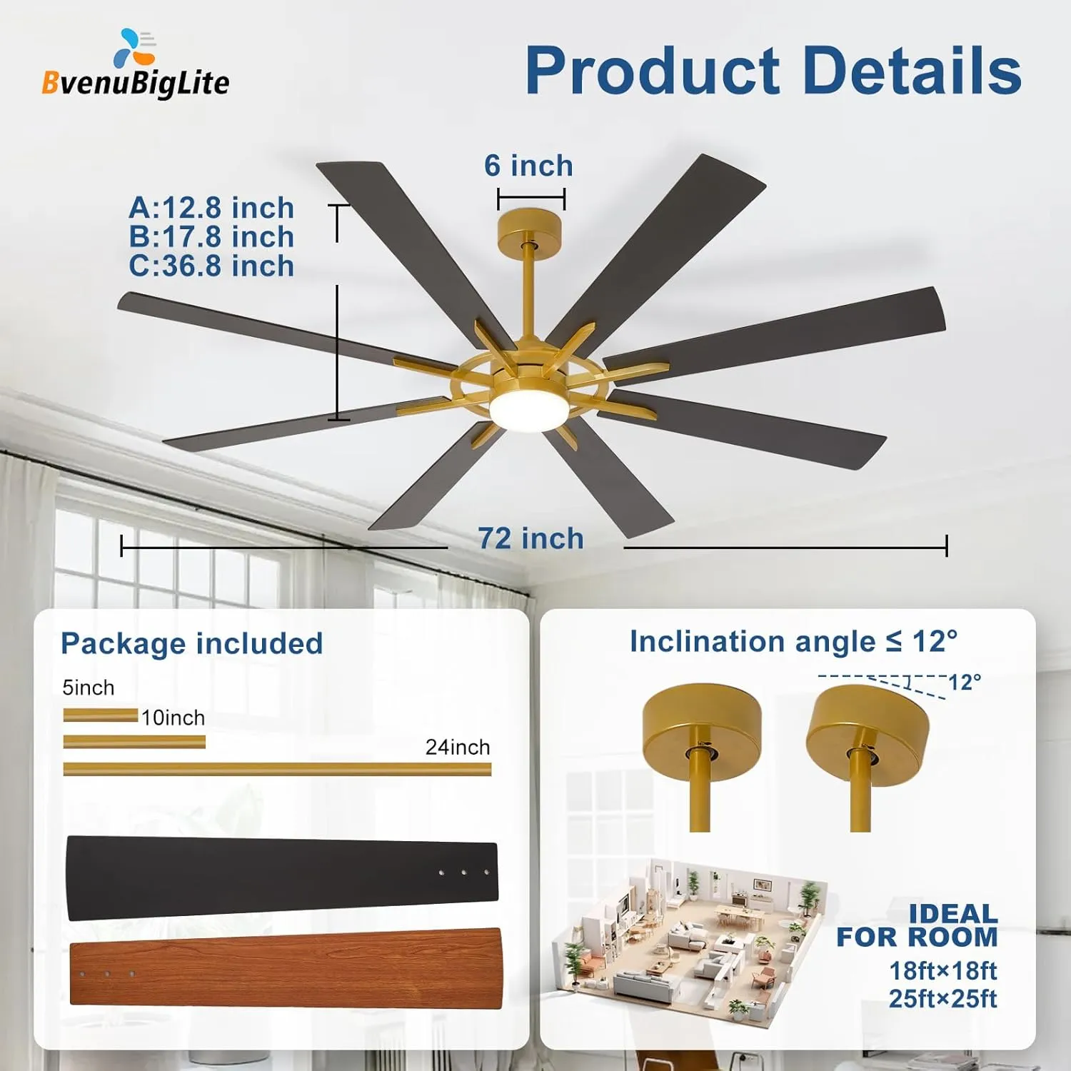 Large Ceiling Fans with Lights: Modern 72 Inch 8 Blade Outdoor Ceiling Fan with Remote APP Control - Dimmable Black Gold Big Fan Light Indoor Reversible 6 Speed Quiet DC Motor