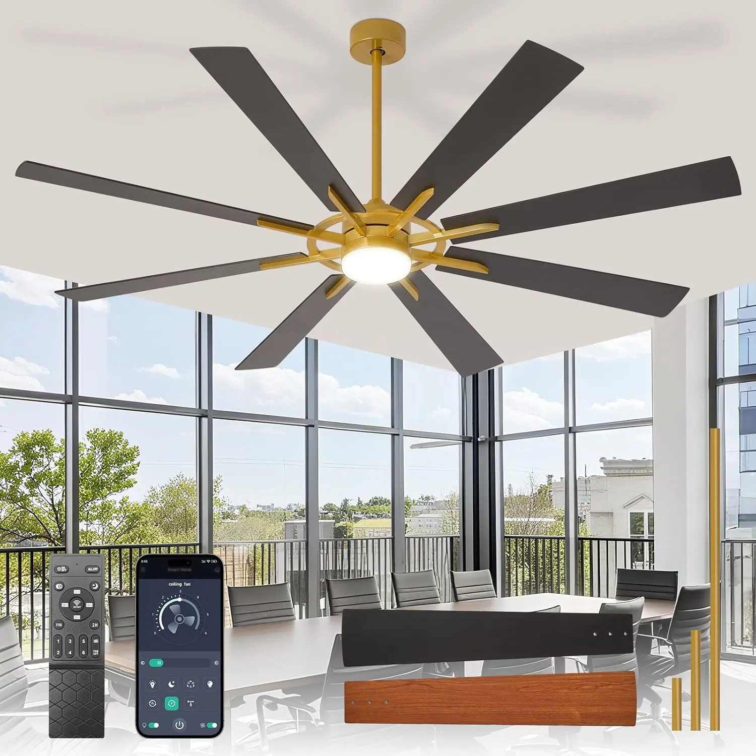 Large Ceiling Fans with Lights: Modern 72 Inch 8 Blade Outdoor Ceiling Fan with Remote APP Control - Dimmable Black Gold Big Fan Light Indoor Reversible 6 Speed Quiet DC Motor App-controlled remote fan for convenience