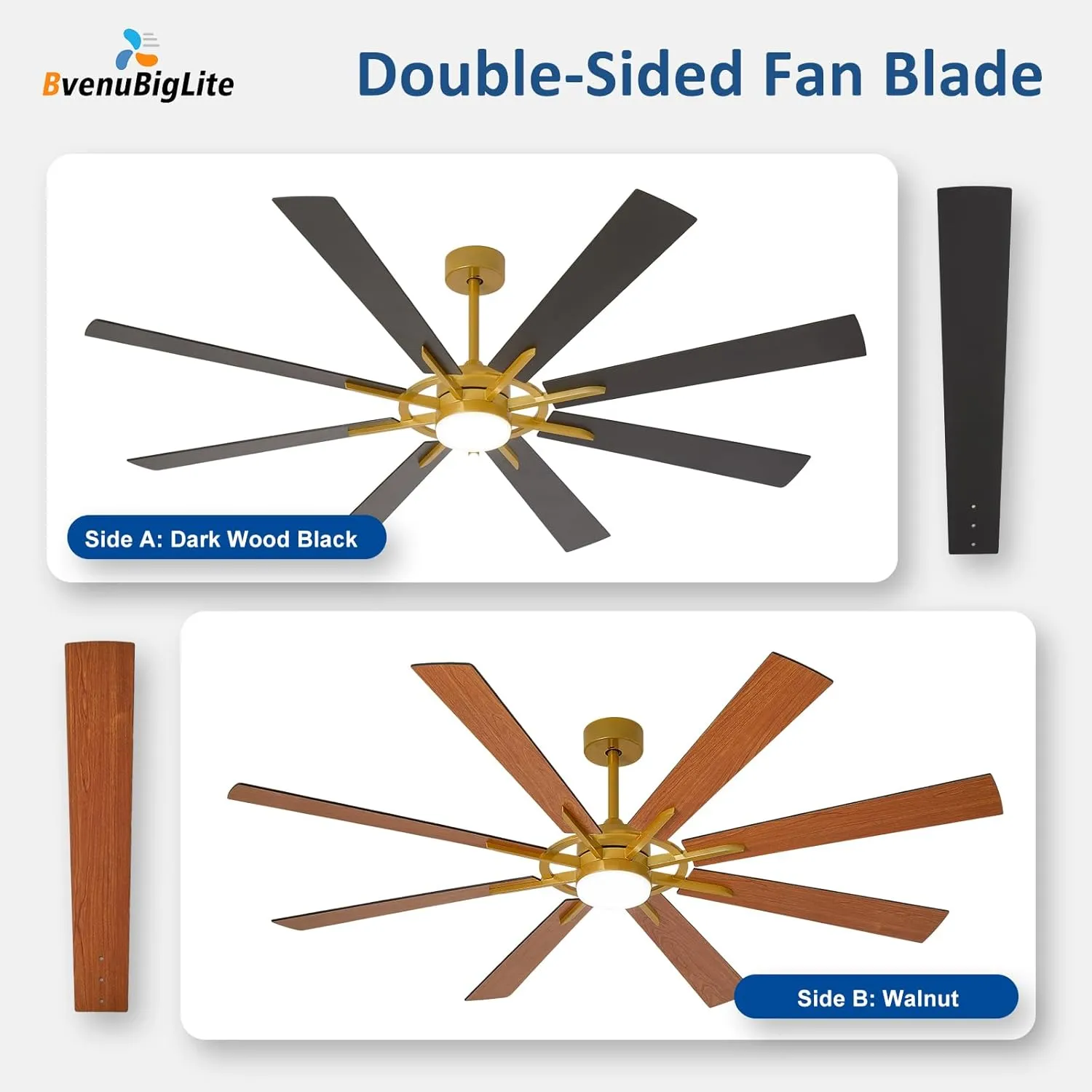 Large Ceiling Fans with Lights: Modern 72 Inch 8 Blade Outdoor Ceiling Fan with Remote APP Control - Dimmable Black Gold Big Fan Light Indoor Reversible 6 Speed Quiet DC Motor