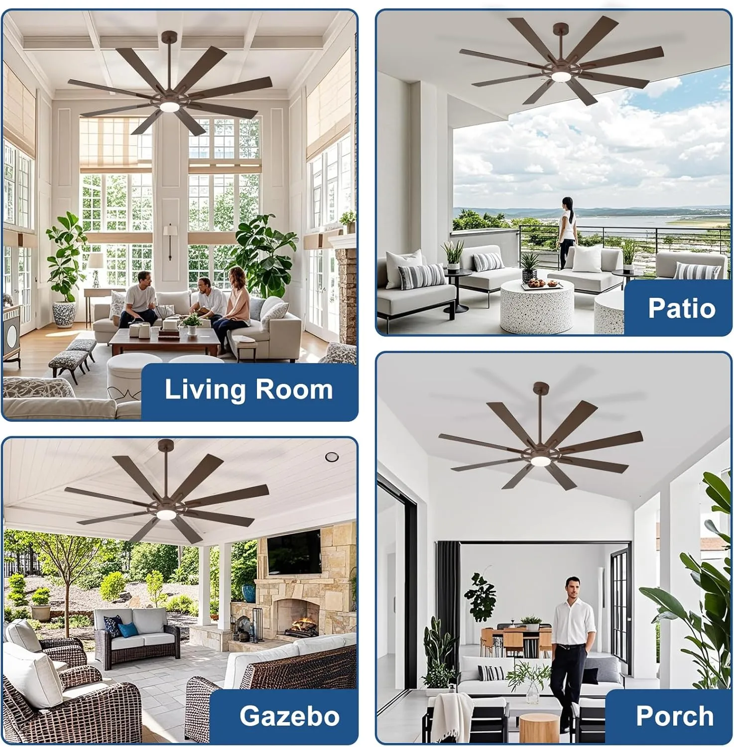 Large Ceiling Fans with Lights: Modern 72 Inch 8 Blade Outdoor Ceiling Fan with Remote APP Control - Dimmable Brown Big Fan Light Indoor Reversible 6 Speed Quiet DC Motor