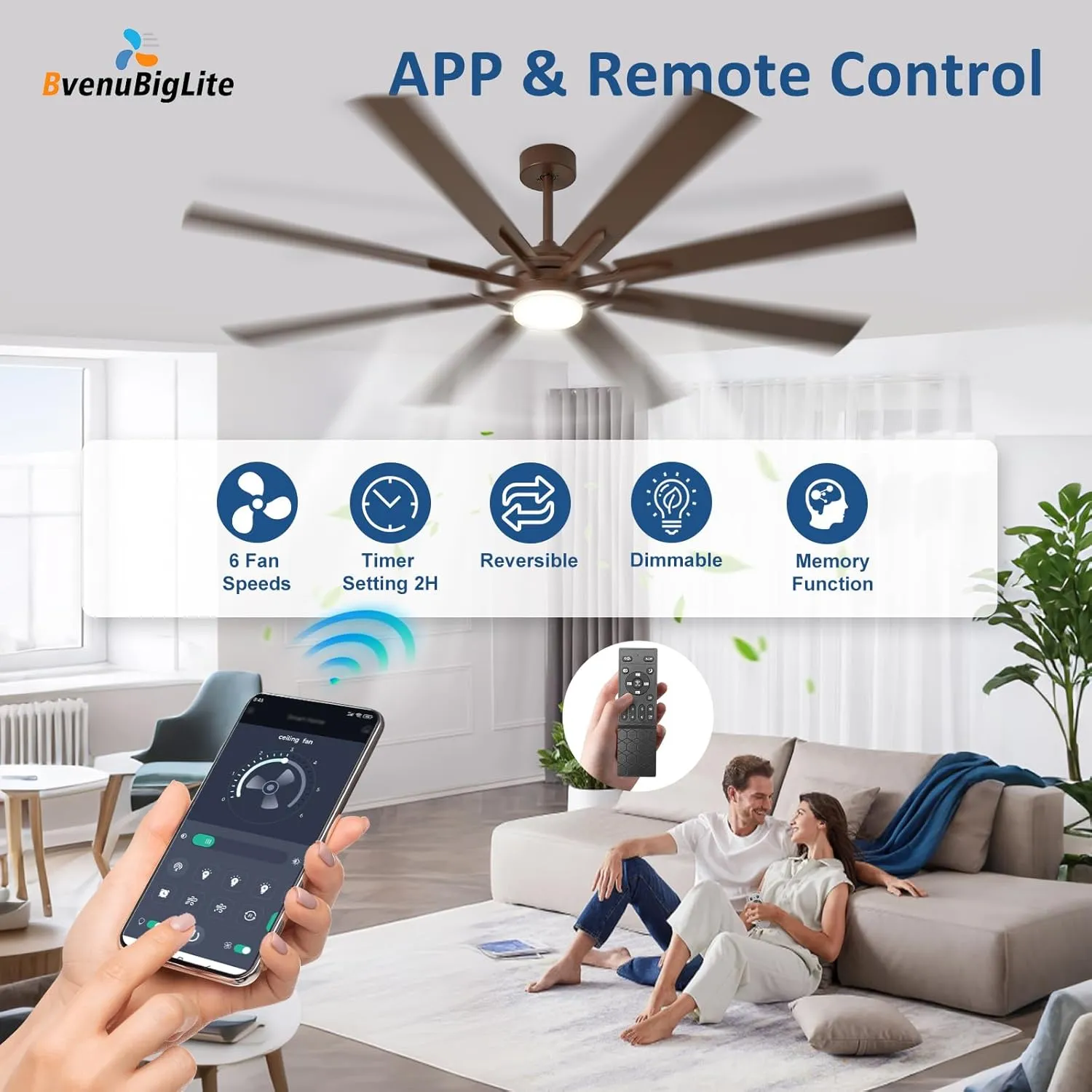 Large Ceiling Fans with Lights: Modern 72 Inch 8 Blade Outdoor Ceiling Fan with Remote APP Control - Dimmable Brown Big Fan Light Indoor Reversible 6 Speed Quiet DC Motor