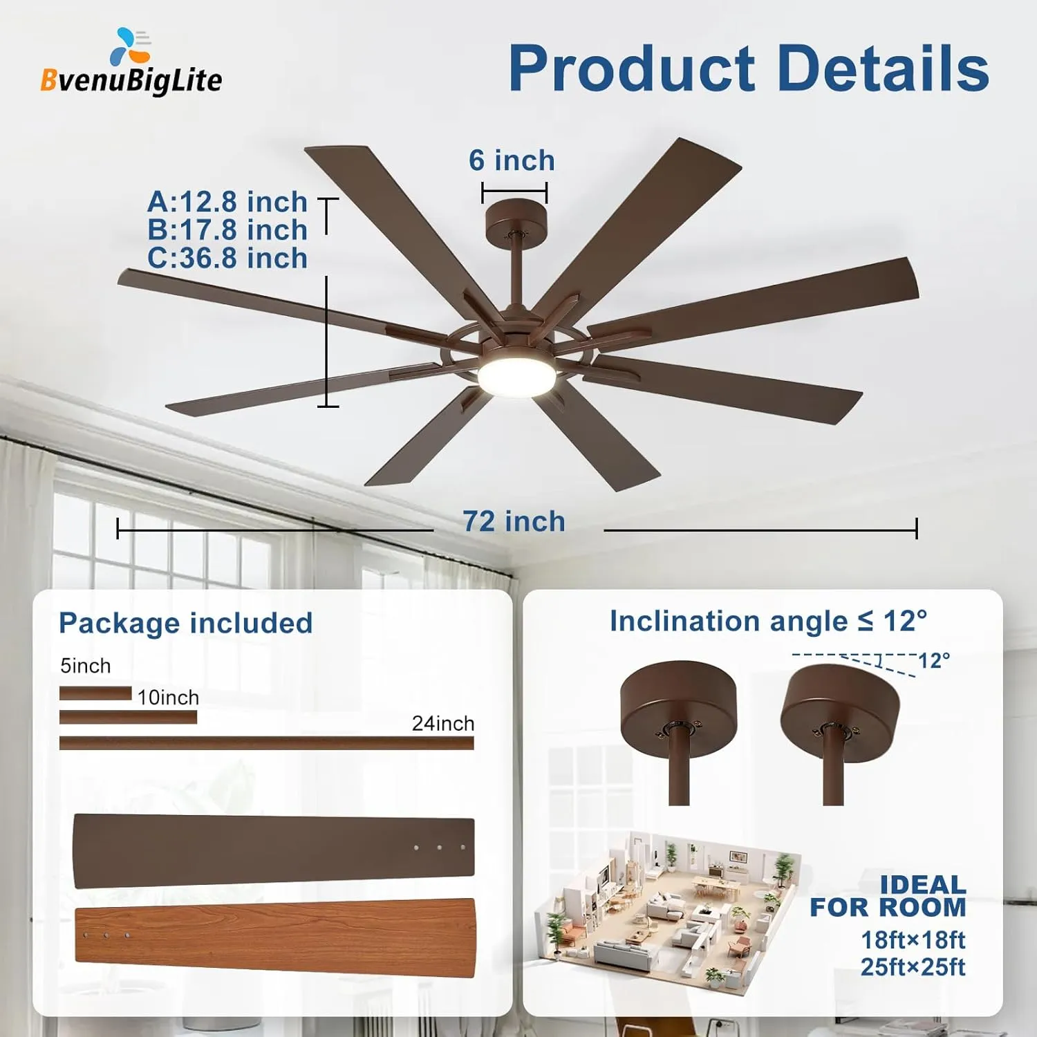 Large Ceiling Fans with Lights: Modern 72 Inch 8 Blade Outdoor Ceiling Fan with Remote APP Control - Dimmable Brown Big Fan Light Indoor Reversible 6 Speed Quiet DC Motor