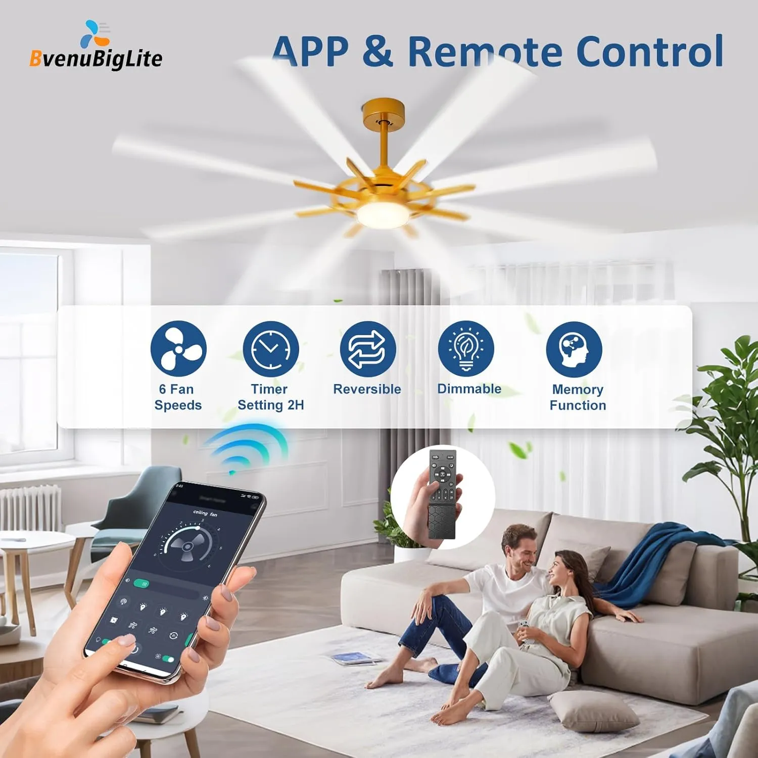 Large Ceiling Fans with Lights: Modern 72 Inch 8 Blade Outdoor Ceiling Fan with Remote APP Control - Dimmable White Gold Big Fan Light Indoor Reversible 6 Speed Quiet DC Motor