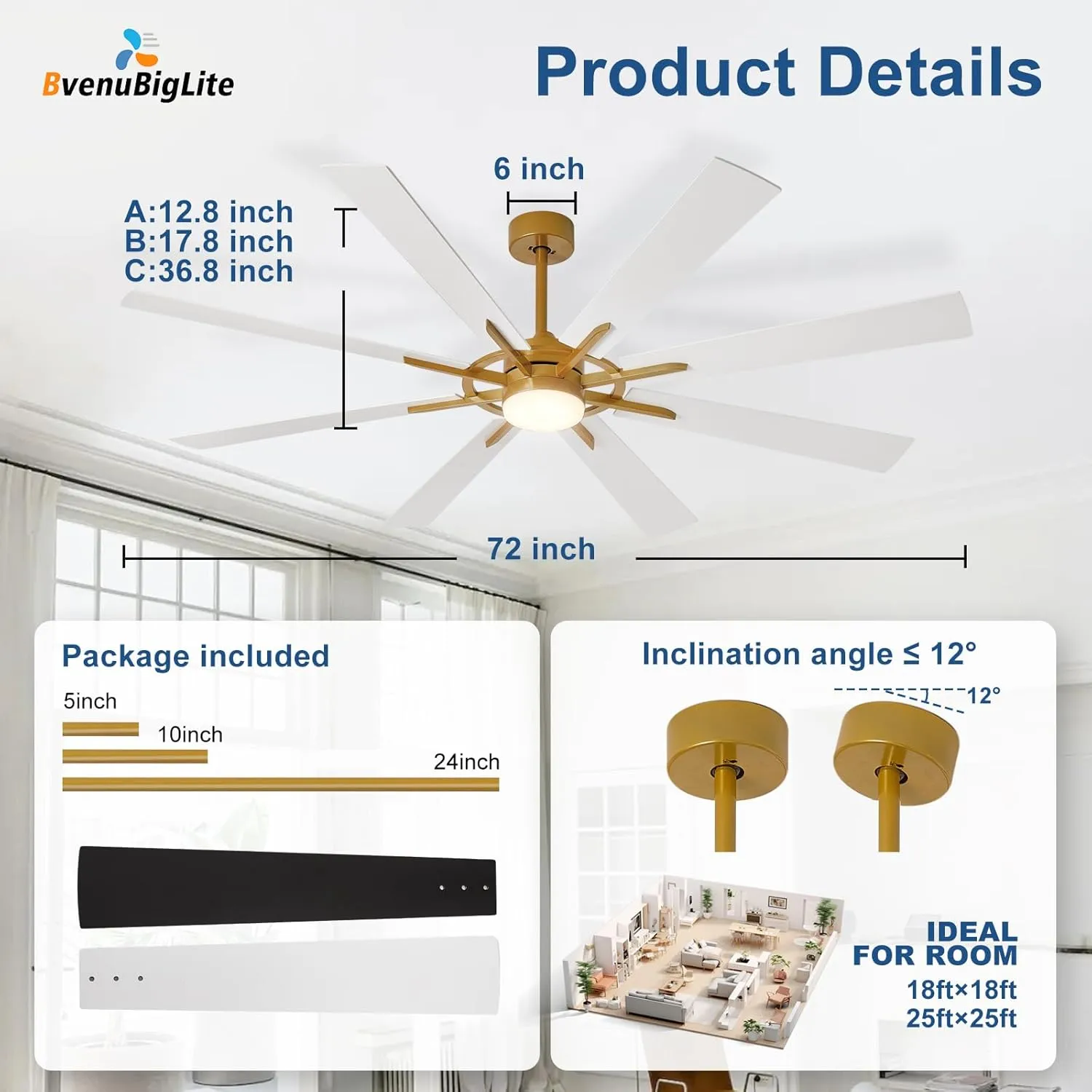 Large Ceiling Fans with Lights: Modern 72 Inch 8 Blade Outdoor Ceiling Fan with Remote APP Control - Dimmable White Gold Big Fan Light Indoor Reversible 6 Speed Quiet DC Motor