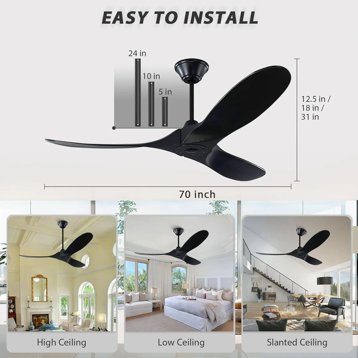 Large Wood Ceiling Fan with Remote, 70 Inch Black Modern Ceiling Fan Without Light, Outdoor Farmhouse Fan with Reversible DC Motor for Indoor Home Exterior Patio Porch Office