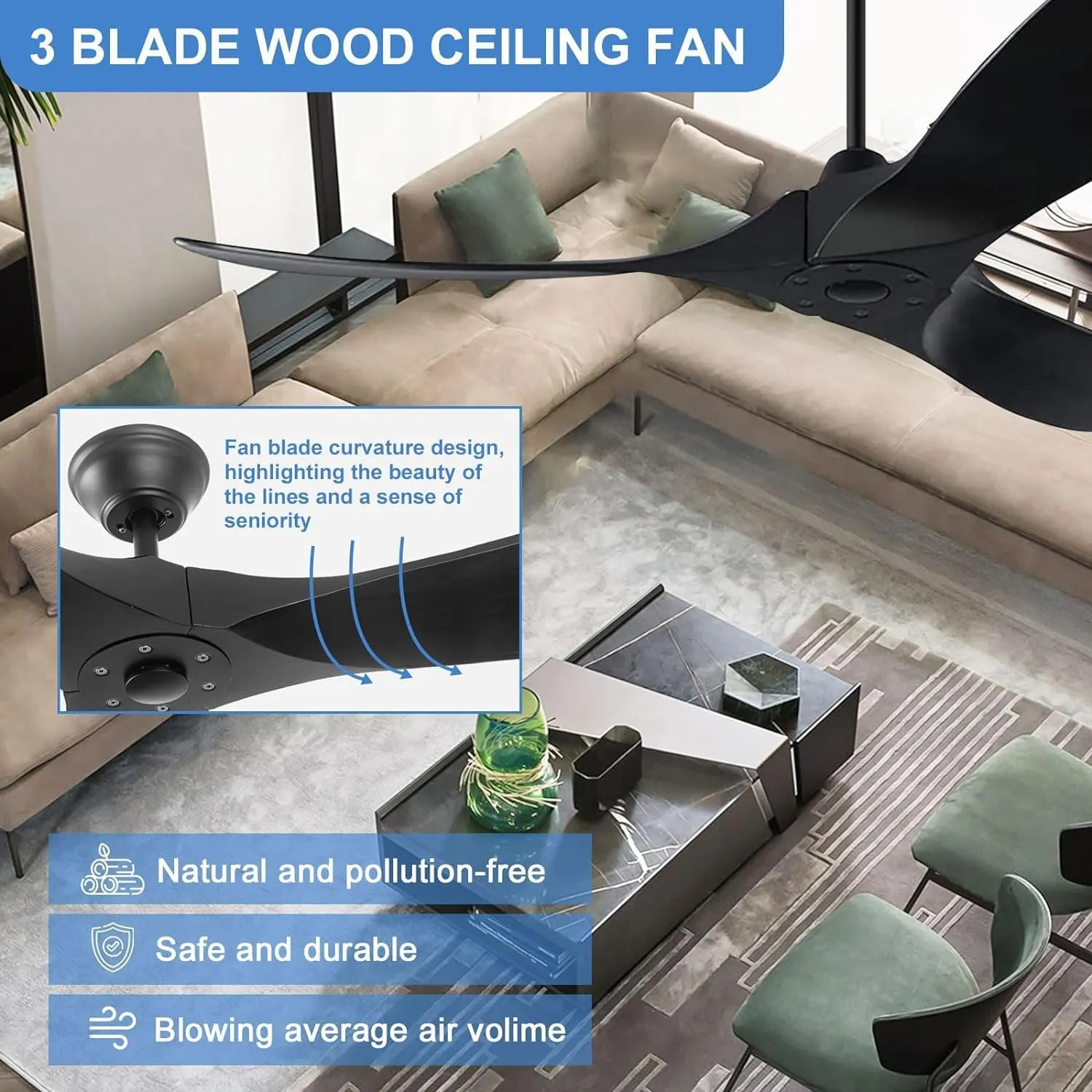 Large Wood Ceiling Fan with Remote, 70 Inch Black Modern Ceiling Fan Without Light, Outdoor Farmhouse Fan with Reversible DC Motor for Indoor Home Exterior Patio Porch Office