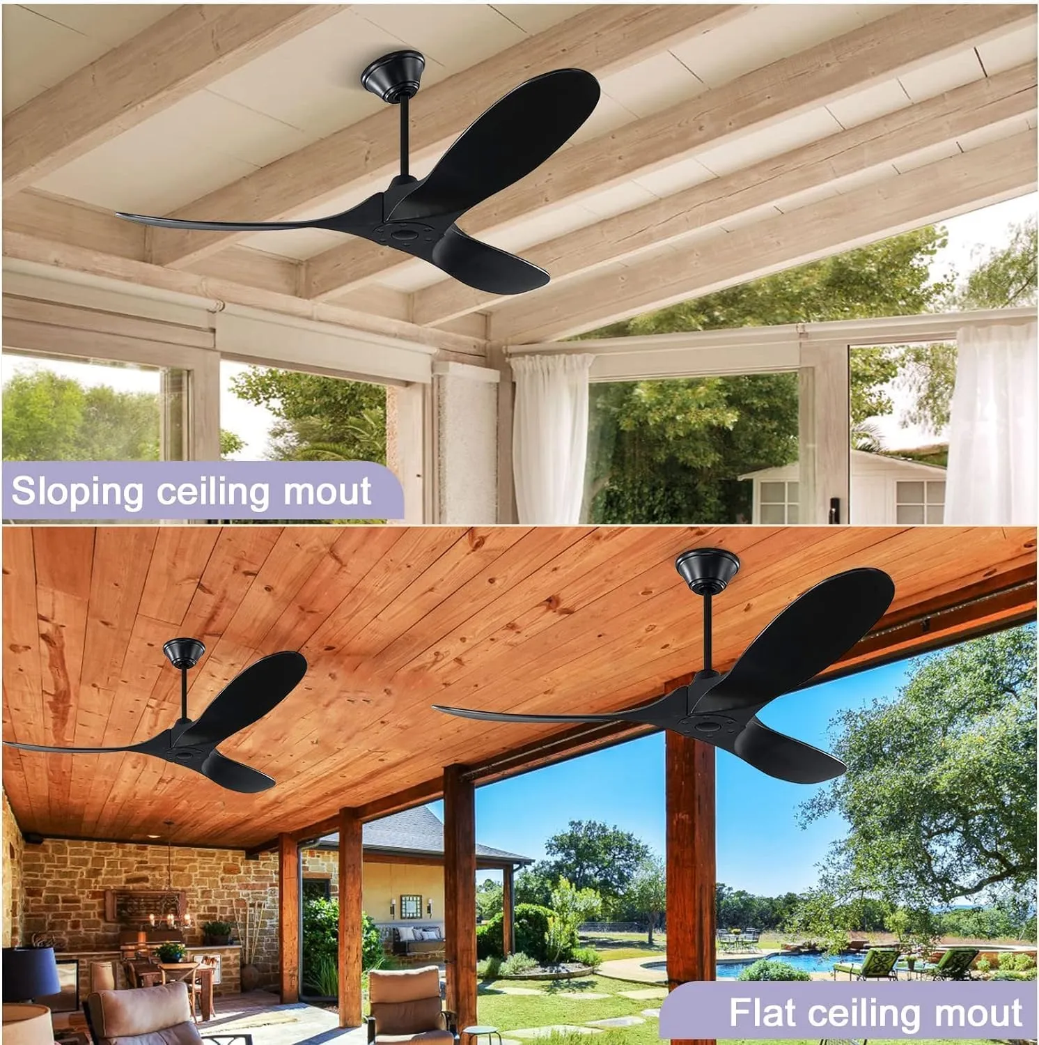 Large Wood Ceiling Fan with Remote, 70 Inch Black Modern Ceiling Fan Without Light, Outdoor Farmhouse Fan with Reversible DC Motor for Indoor Home Exterior Patio Porch Office