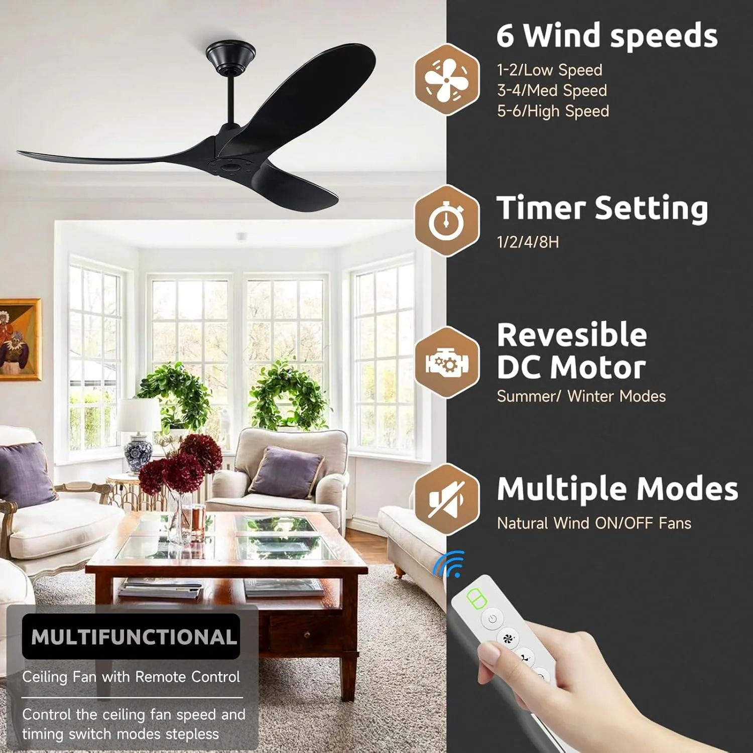 Large Wood Ceiling Fan with Remote, 70 Inch Black Modern Ceiling Fan Without Light, Outdoor Farmhouse Fan with Reversible DC Motor for Indoor Home Exterior Patio Porch Office
