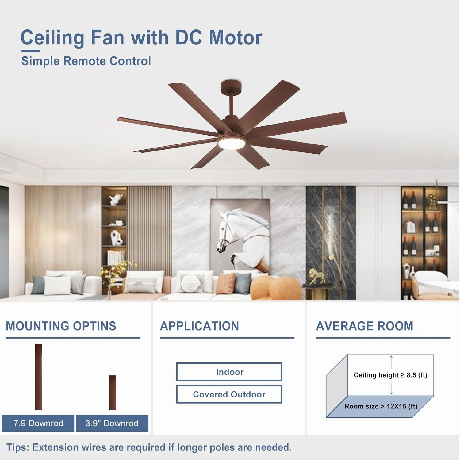 Large Ceiling Fan for Farmhouse: 60" Ceiling Fans with Remote APP Control 8 Blades Reversible Timer- Outdoor Ceiling Fans with Light for Big Home Office Rooms