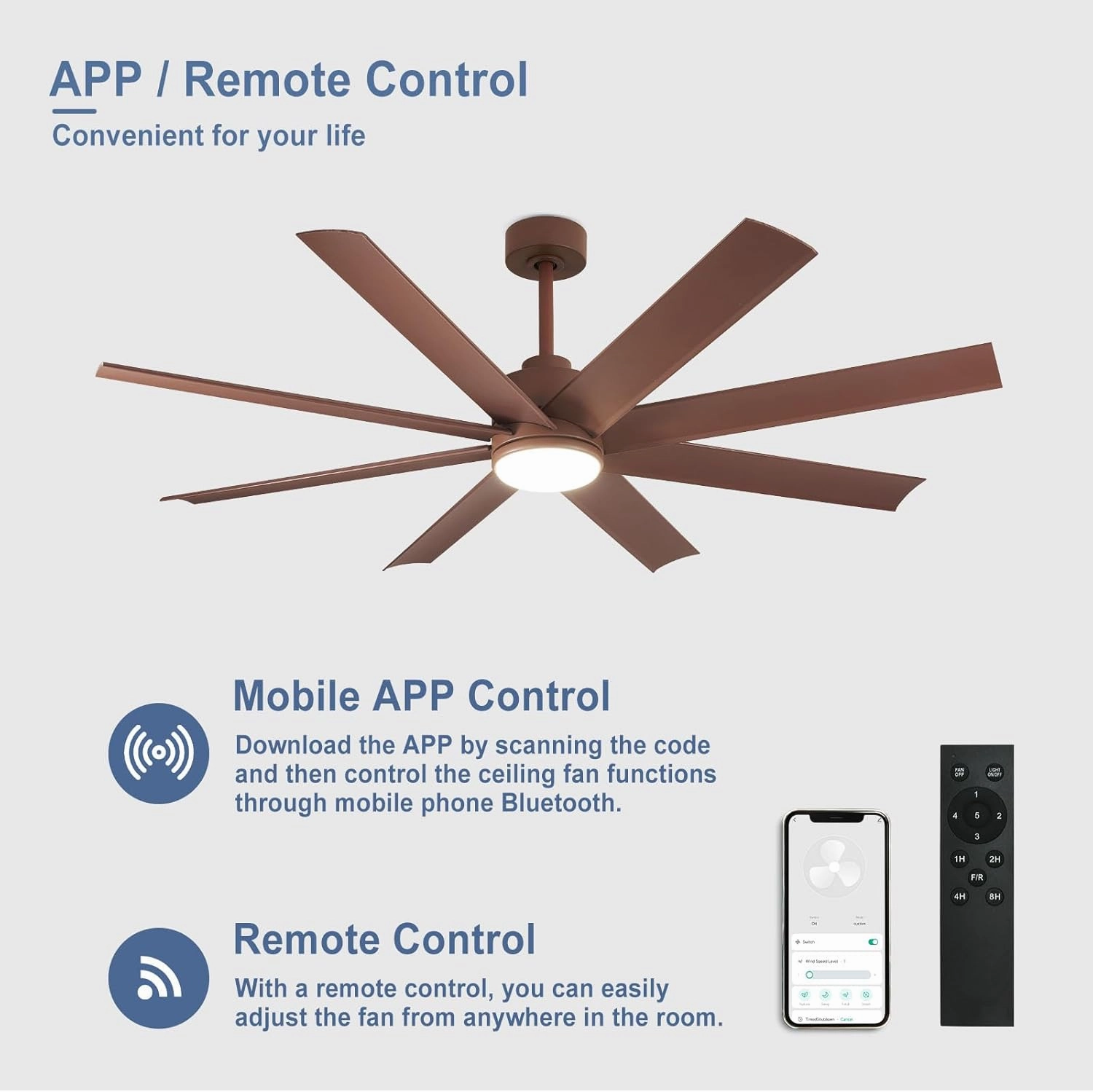 Large Ceiling Fan for Farmhouse: 60" Ceiling Fans with Remote APP Control 8 Blades Reversible Timer- Outdoor Ceiling Fans with Light for Big Home Office Rooms