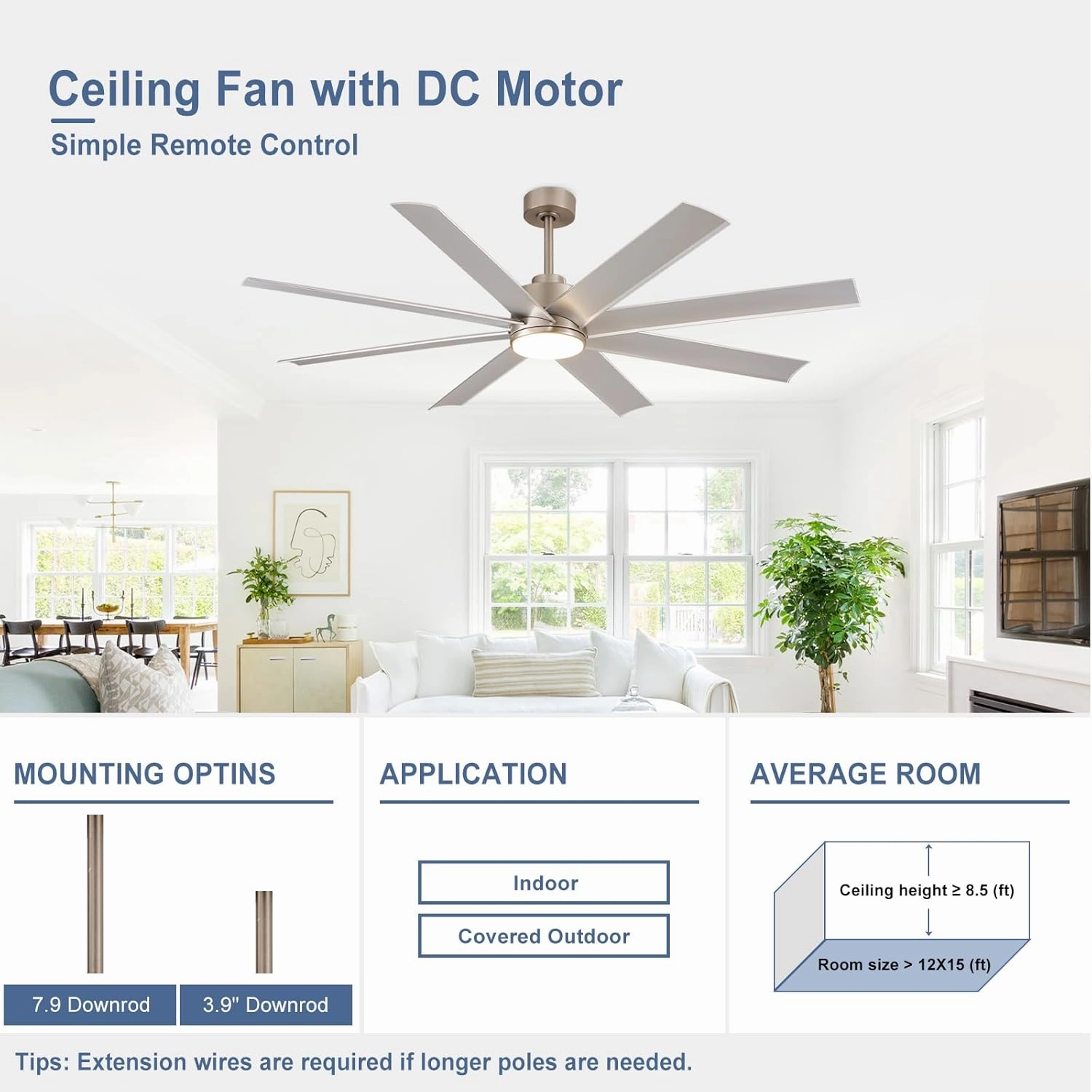Large Ceiling Fan for Indoor: 72" Ceiling Fan with Remote 8 Blades DC Motor 1/2/4/8H Timer - Farmhouse Ceiling Fans with Light for Big Bedroom Living Room Outdoor Patio