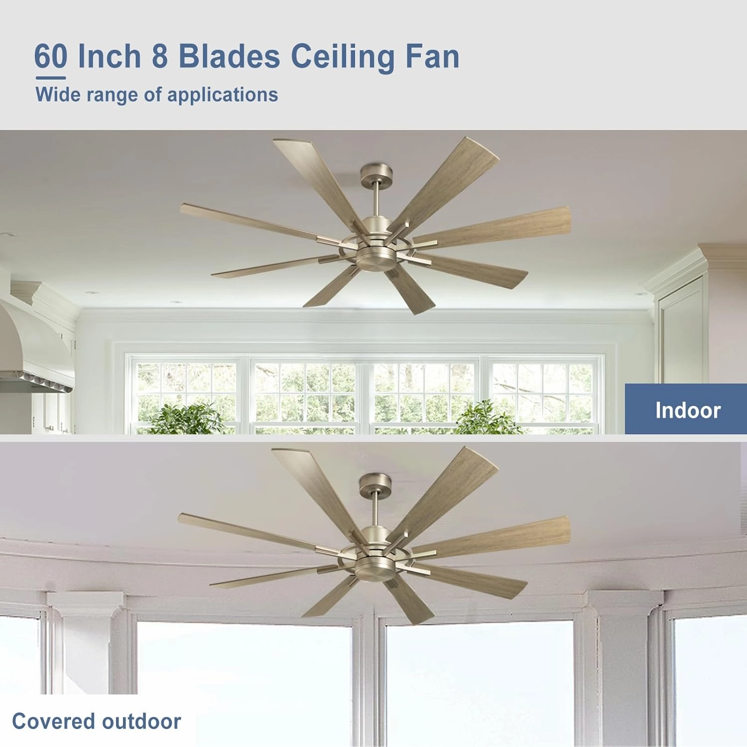 Large Ceiling Fan No Lights, 60 Inch 8 Blade DC Motor Fan for Indoor Farmhouse Bedroom Living Room Outdoor Patio 1/2/4/8H Timer, Grey