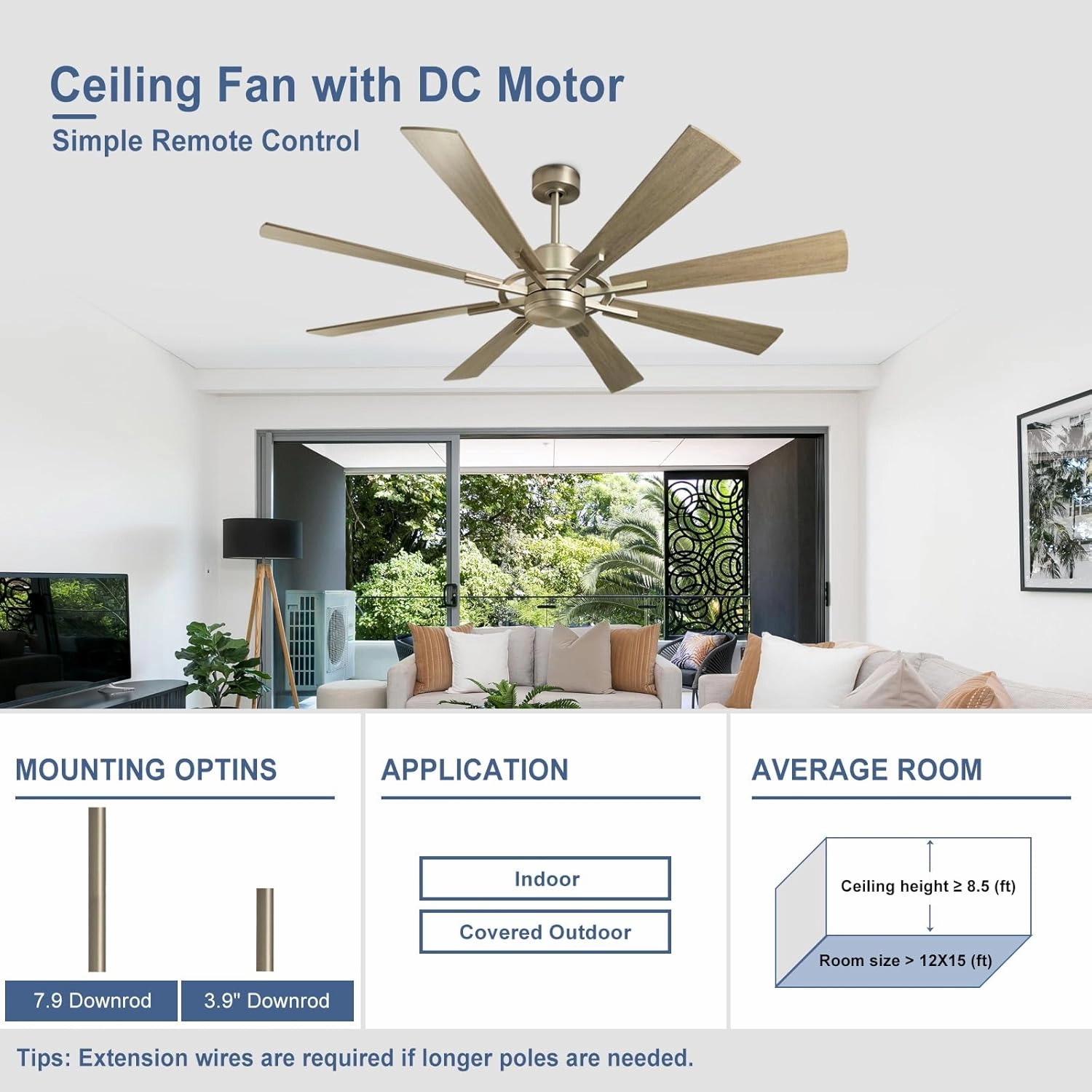 Large Ceiling Fan No Lights, 60 Inch 8 Blade DC Motor Fan for Indoor Farmhouse Bedroom Living Room Outdoor Patio 1/2/4/8H Timer, Grey