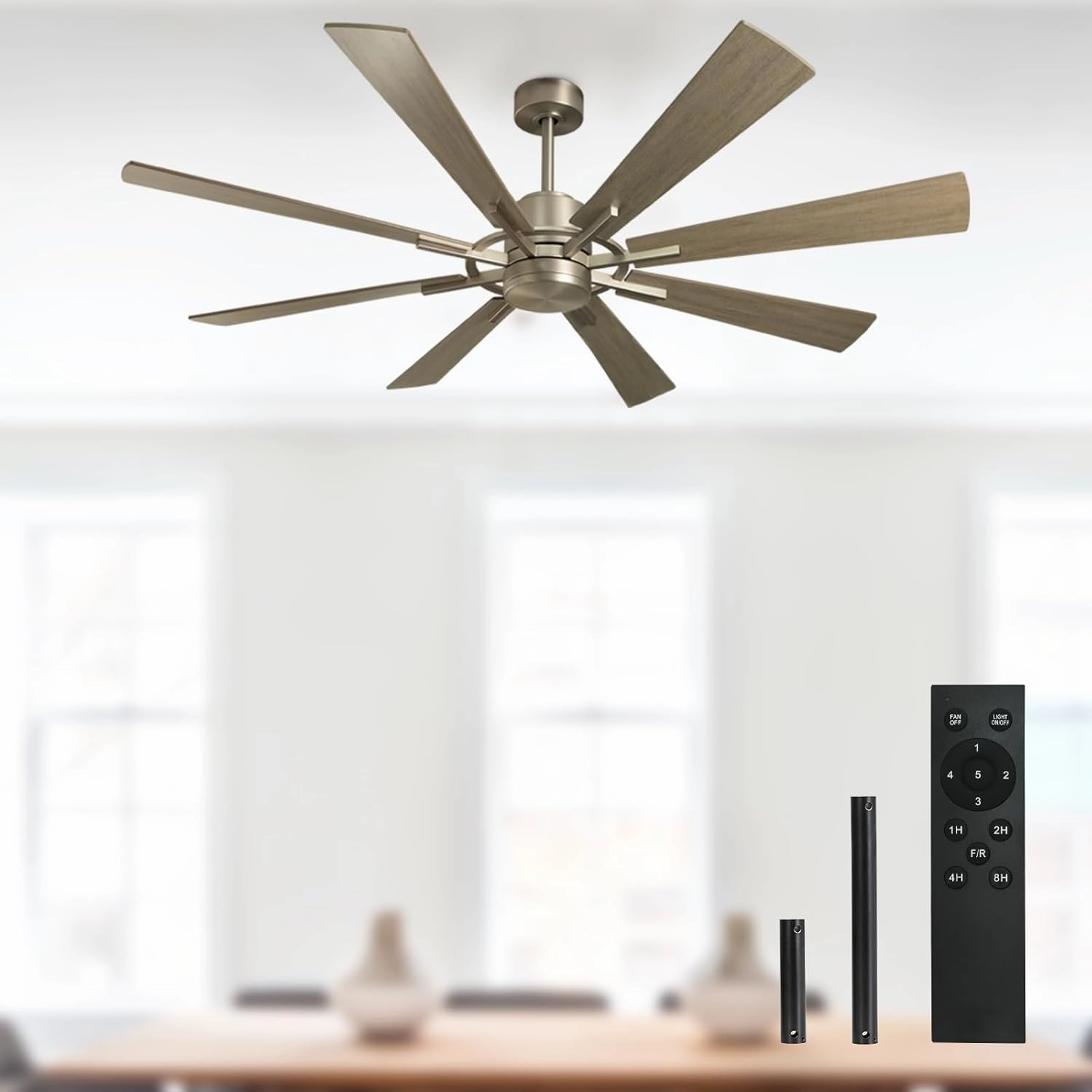 Large Ceiling Fan No Lights, 60 Inch 8 Blade DC Motor Fan for Indoor Farmhouse Bedroom Living Room Outdoor Patio 1/2/4/8H Timer, Grey App-controlled remote fan for convenience