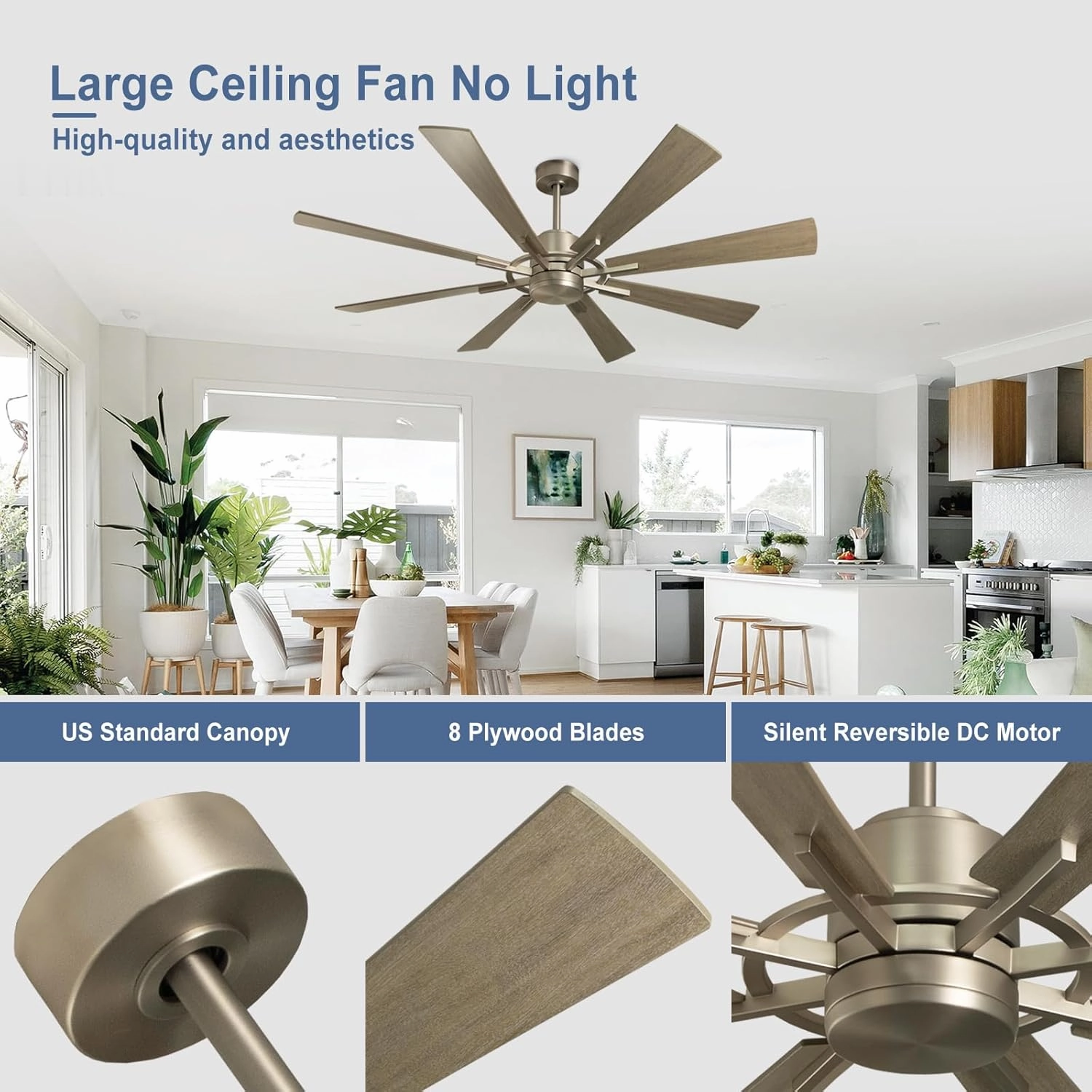 Large Ceiling Fan No Lights, 60 Inch 8 Blade DC Motor Fan for Indoor Farmhouse Bedroom Living Room Outdoor Patio 1/2/4/8H Timer, Grey