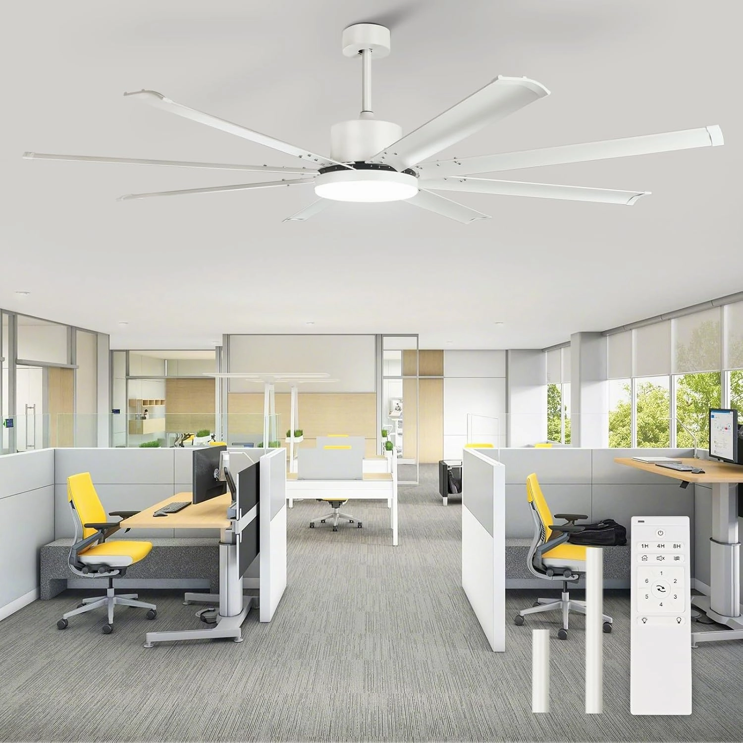 Large Ceiling Fan with Light, 80" White Ceiling Fan with Remote, Aluminum 8 Blades Reversible DC Motor 6 Speed, Industrial Ceiling Fan for Commercial Shop Garage Office Covered Patio App-controlled remote fan for convenience