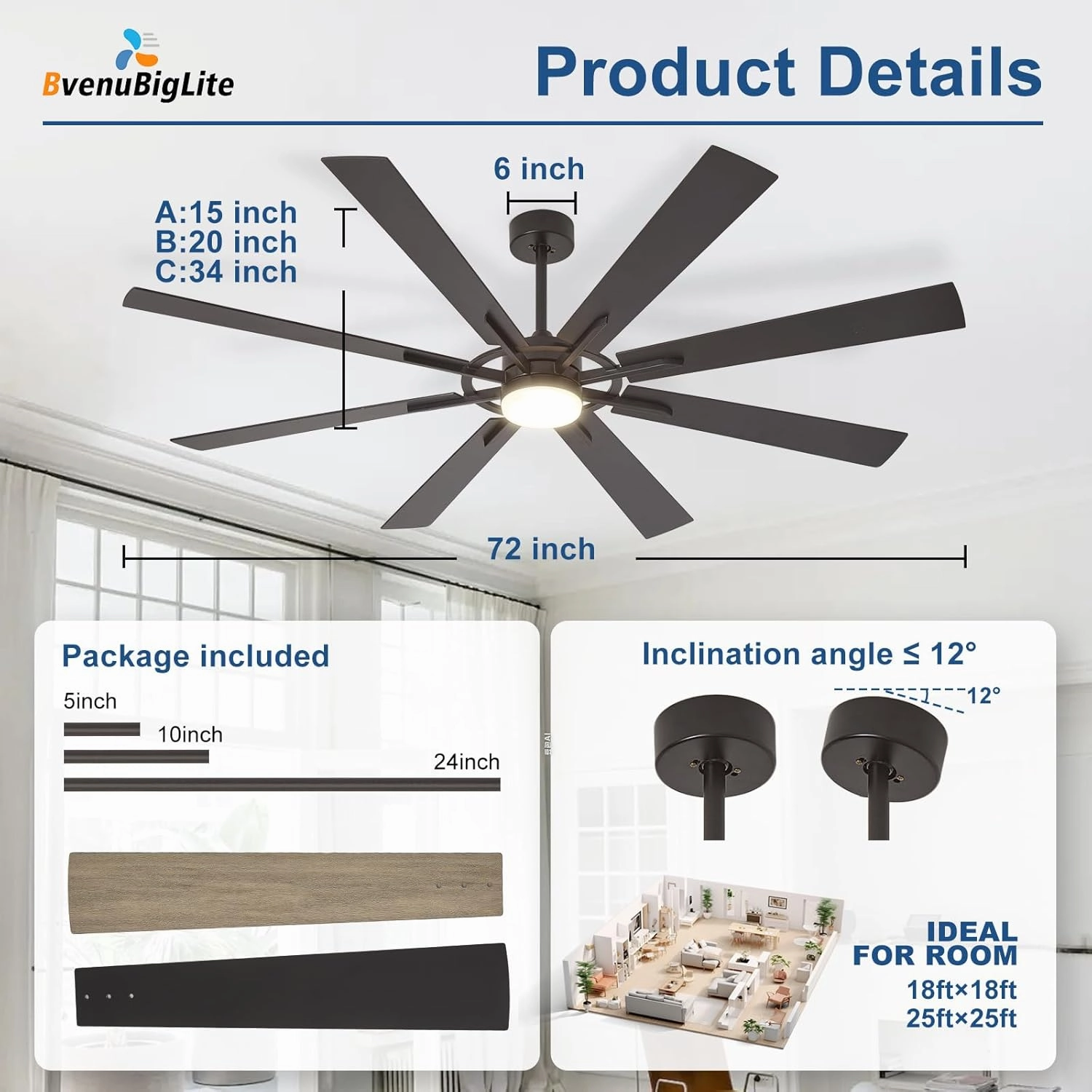 Large Ceiling Fans with Lights: Modern 72 Inch 8 Blade Outdoor Ceiling Fan with Remote APP Control - Dimmable Black Big Fan Light Indoor Reversible 6 Speed Quiet DC Motor